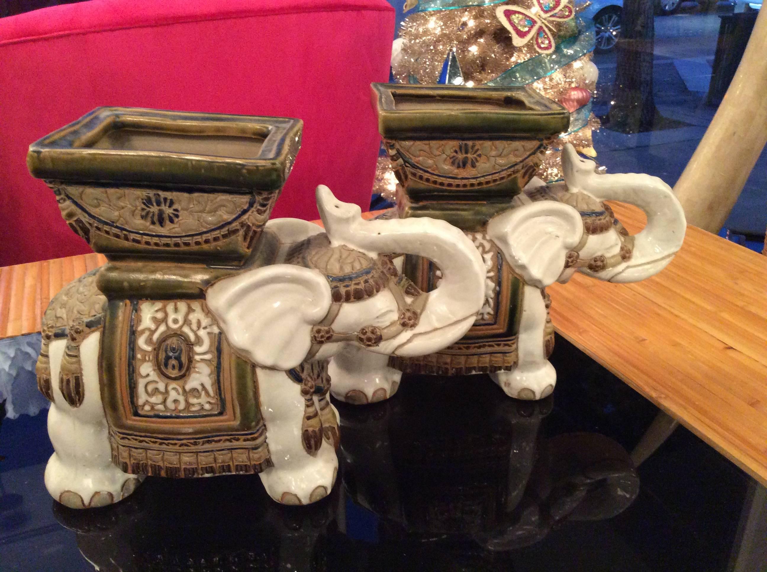 Italian Pair of Vintage Terra Cotta Elephant Garden Pots, Planters Stands For Sale