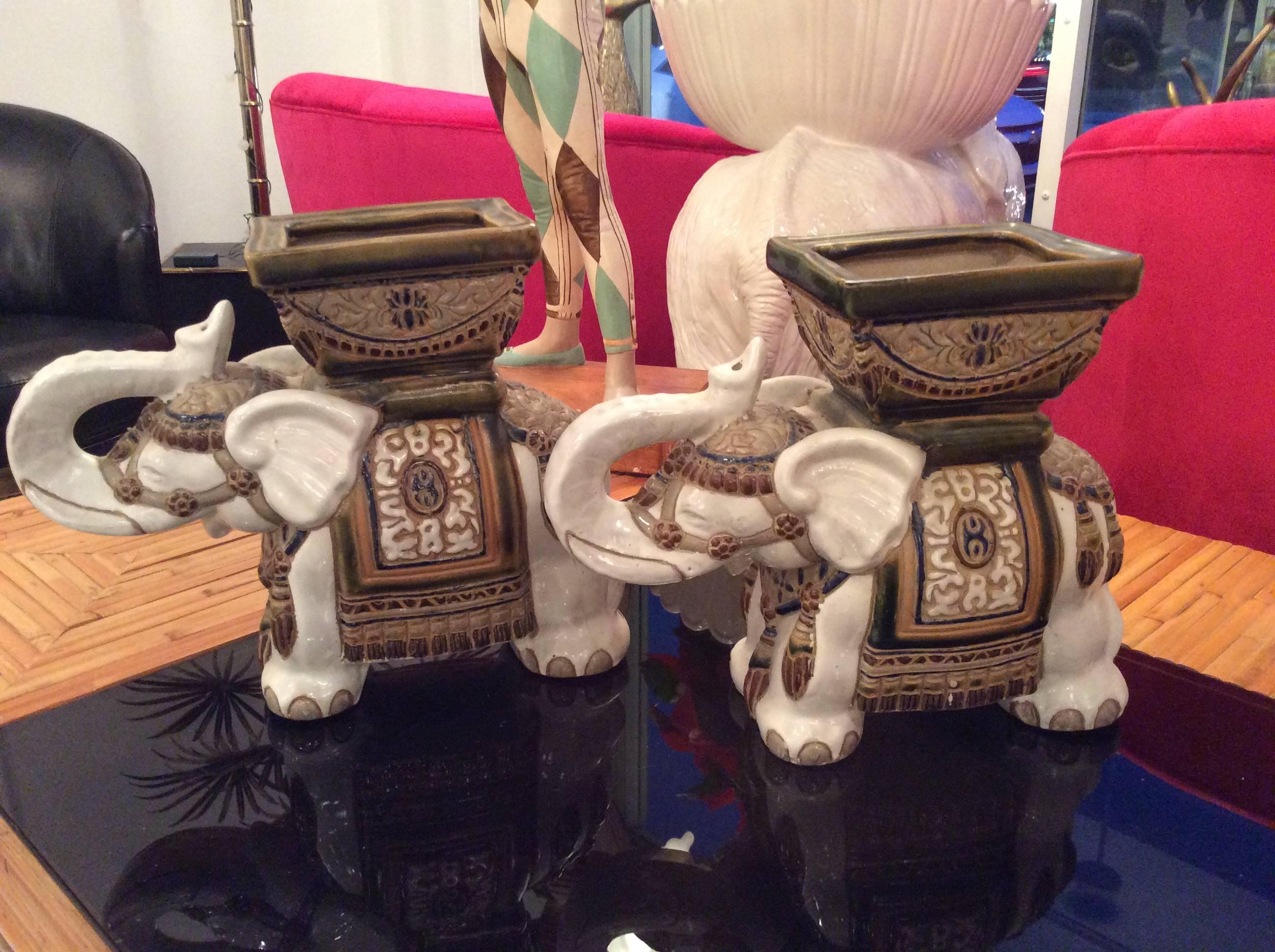 Ceramic Pair of Vintage Terra Cotta Elephant Garden Pots, Planters Stands For Sale