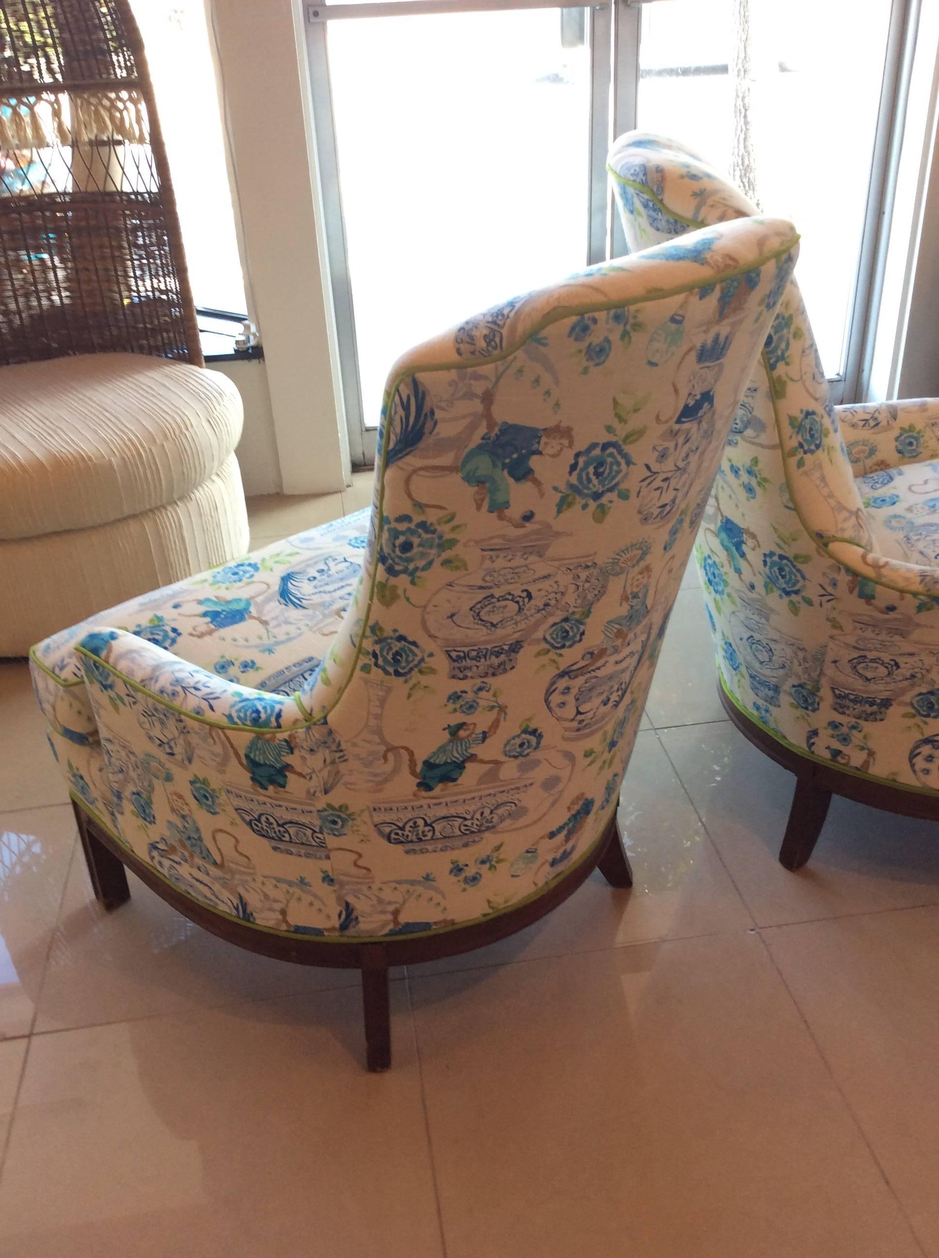 Pair of Mid-Century Modern Monkey Arm chairs Lounge Club Upholstered Chinoiserie In Excellent Condition In West Palm Beach, FL