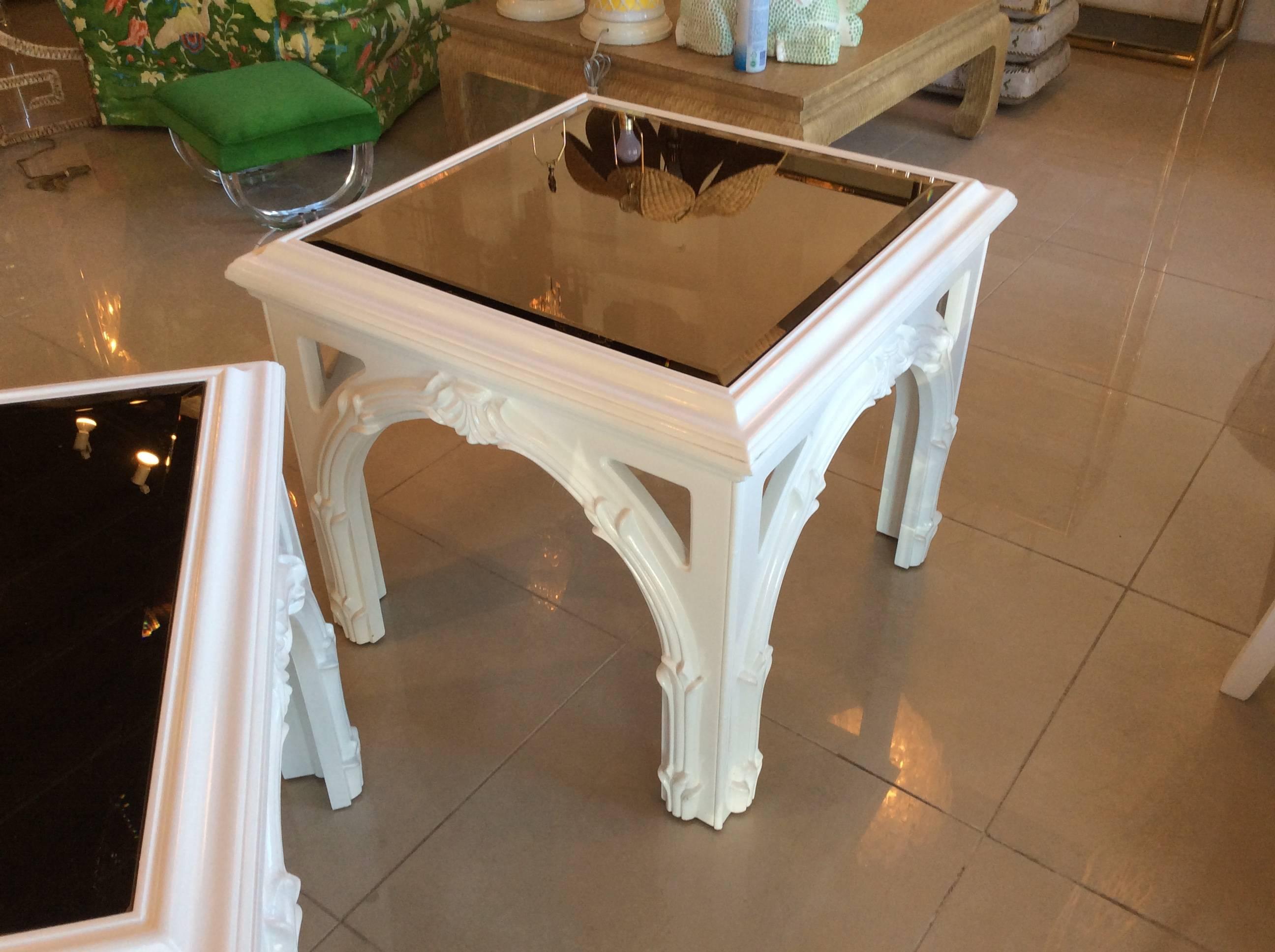 Mirror Pair of Vintage Serge Roche Style End Side Tables New White Lacquer Palm Beach For Sale