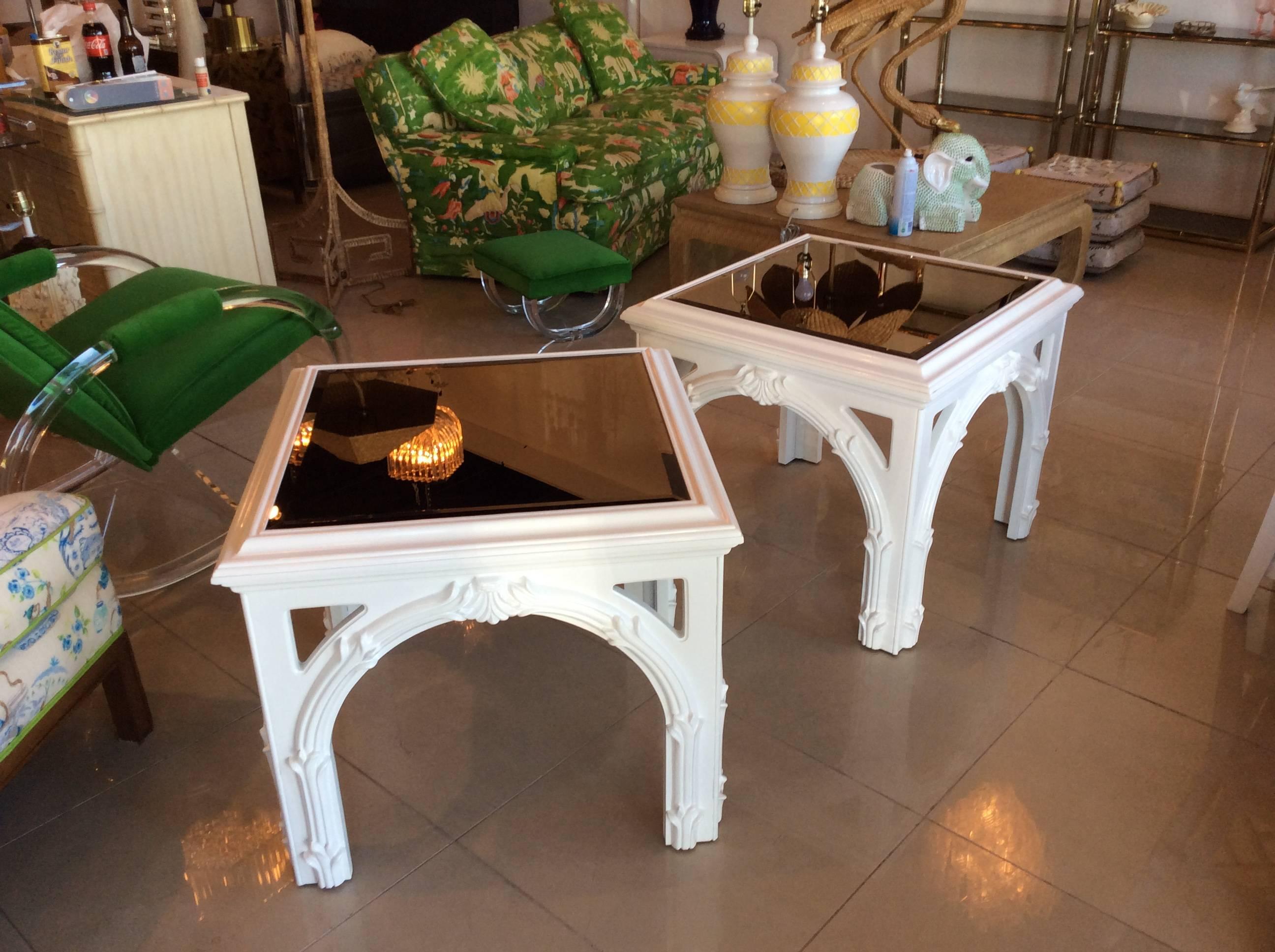 Pair of Vintage Serge Roche Style End Side Tables New White Lacquer Palm Beach For Sale 1