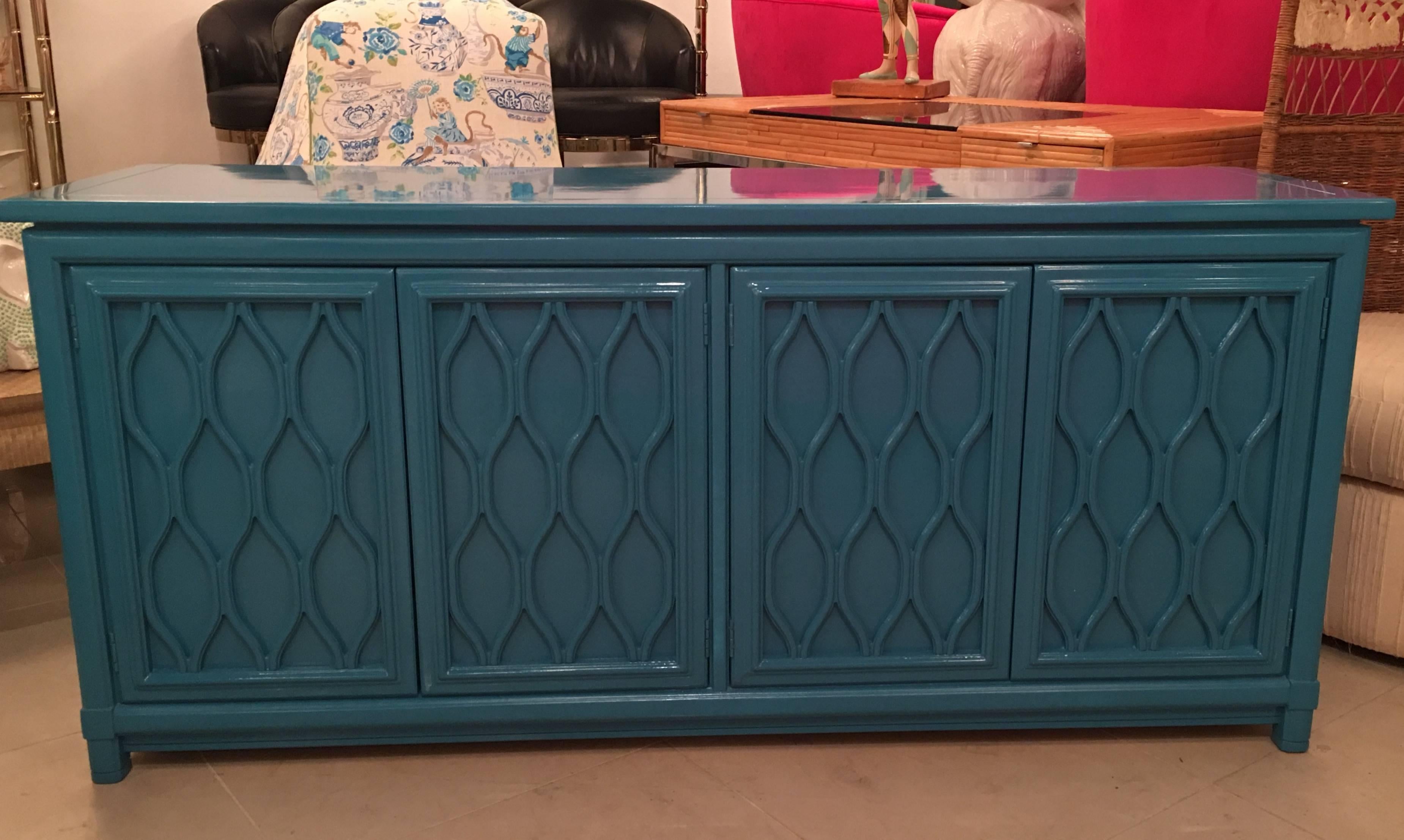 Amazing vintage professionally newly lacquered Hollywood Regency credenza, buffet, sideboard, dresser. Drawers on one side, shelves on the other. There may be minor imperfections to the newly lacquered vintage furniture piece.