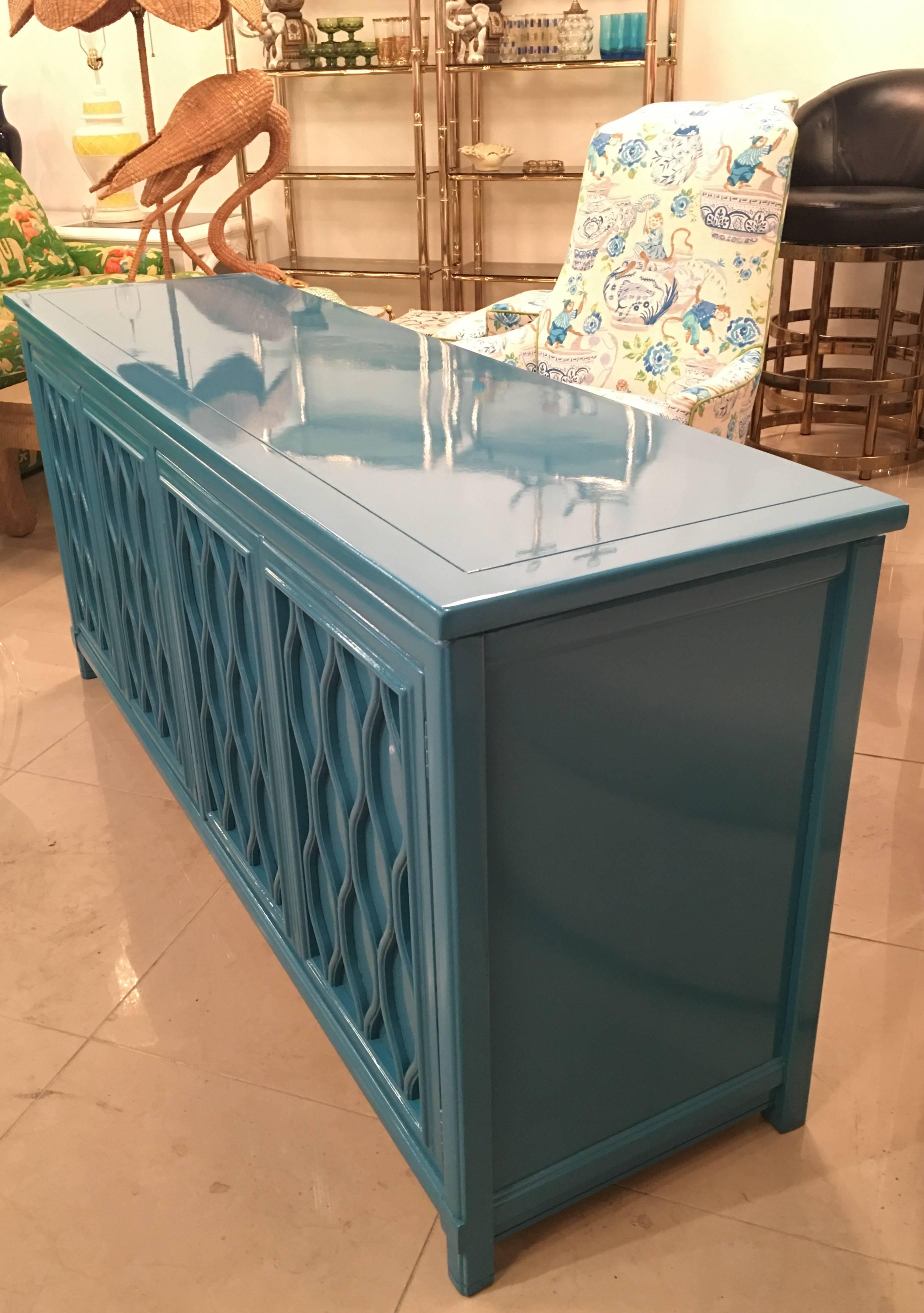 American Lacquered Credenza Buffet Sideboard Blue Teal Dresser Hollywood Regency Vintage 