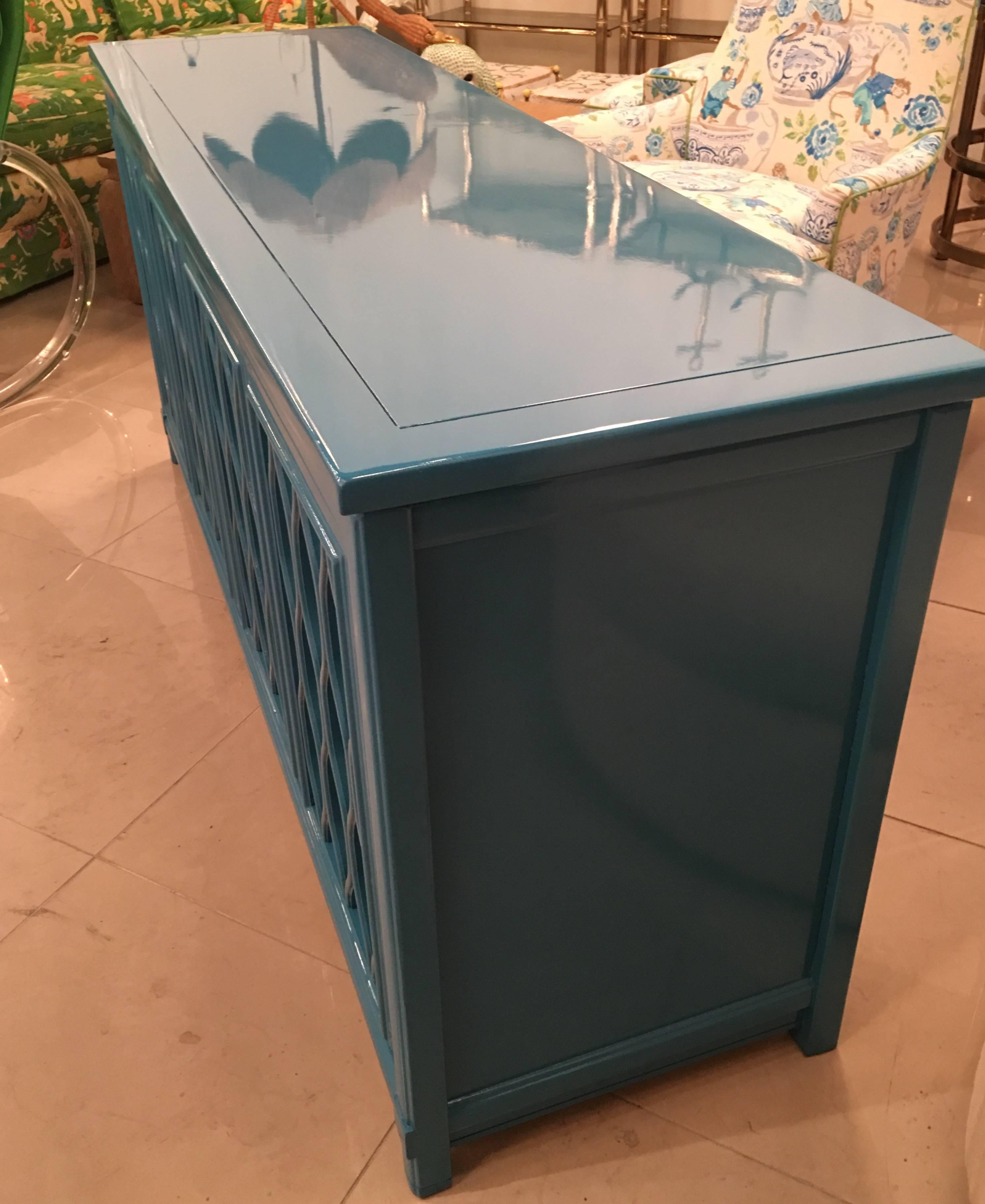 Wood Lacquered Credenza Buffet Sideboard Blue Teal Dresser Hollywood Regency Vintage 