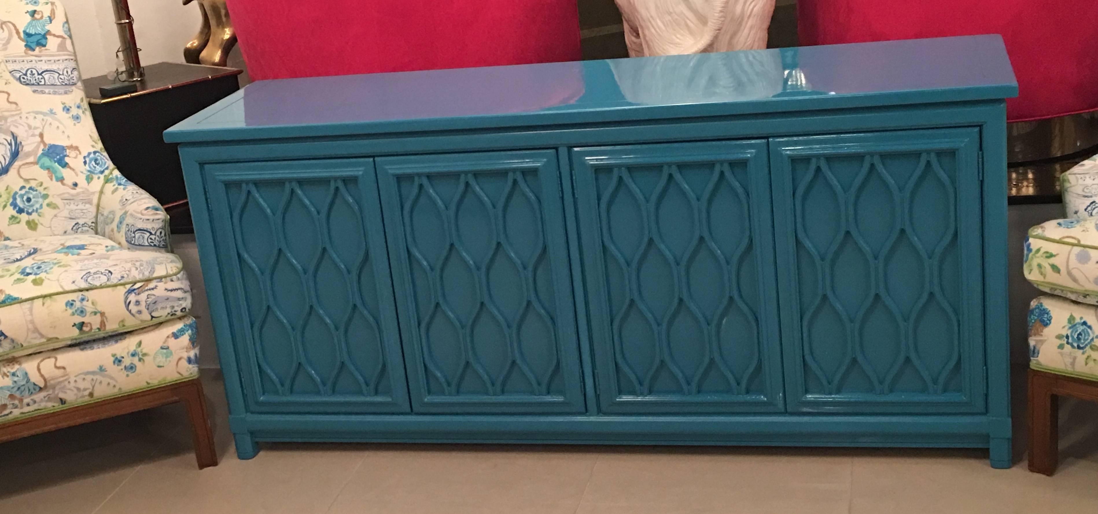 Lacquered Credenza Buffet Sideboard Blue Teal Dresser Hollywood Regency Vintage  1