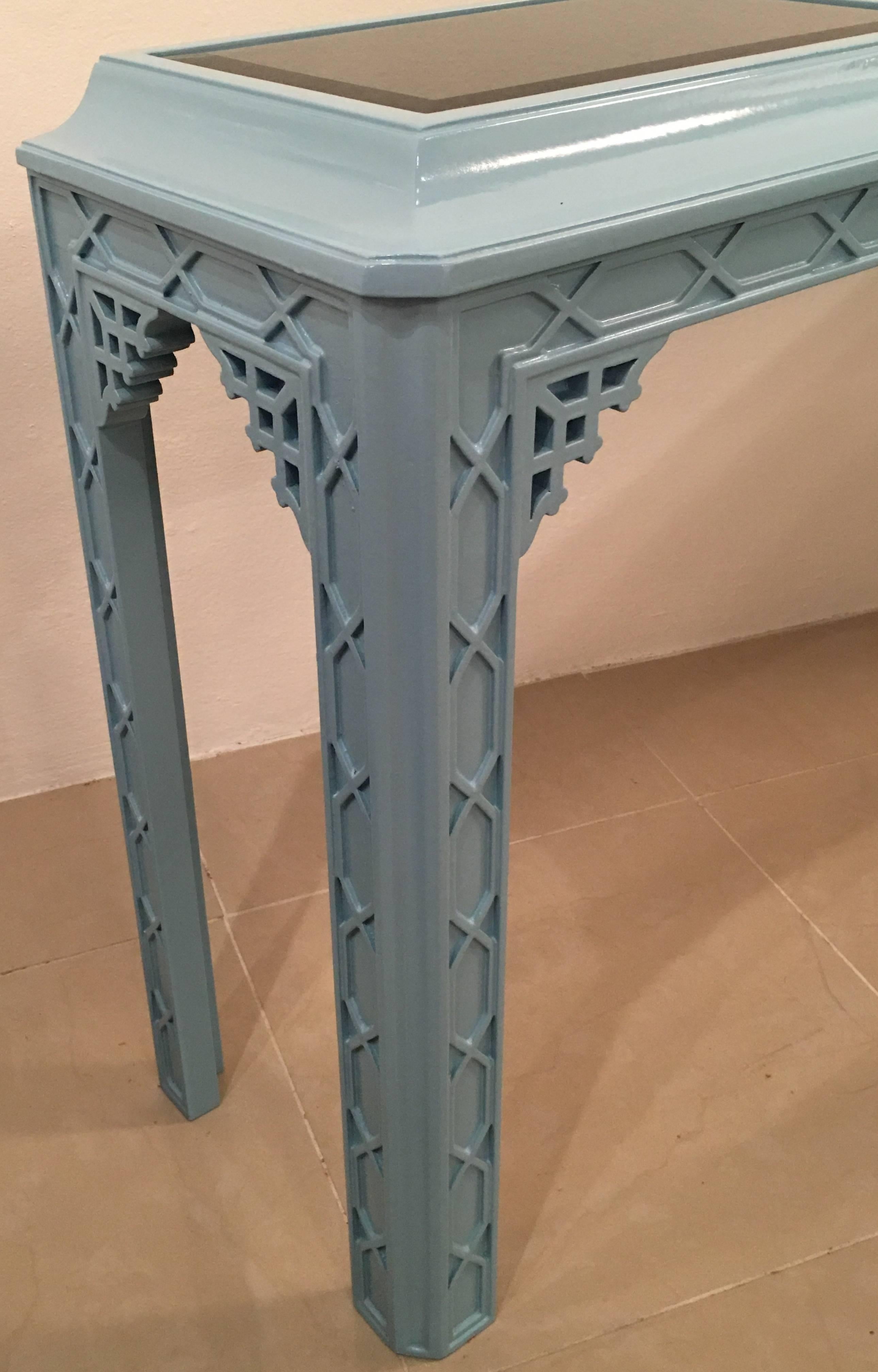 American Console Table Lacquered Blue Vintage Fret Work Fretwork Chinese Chippendale