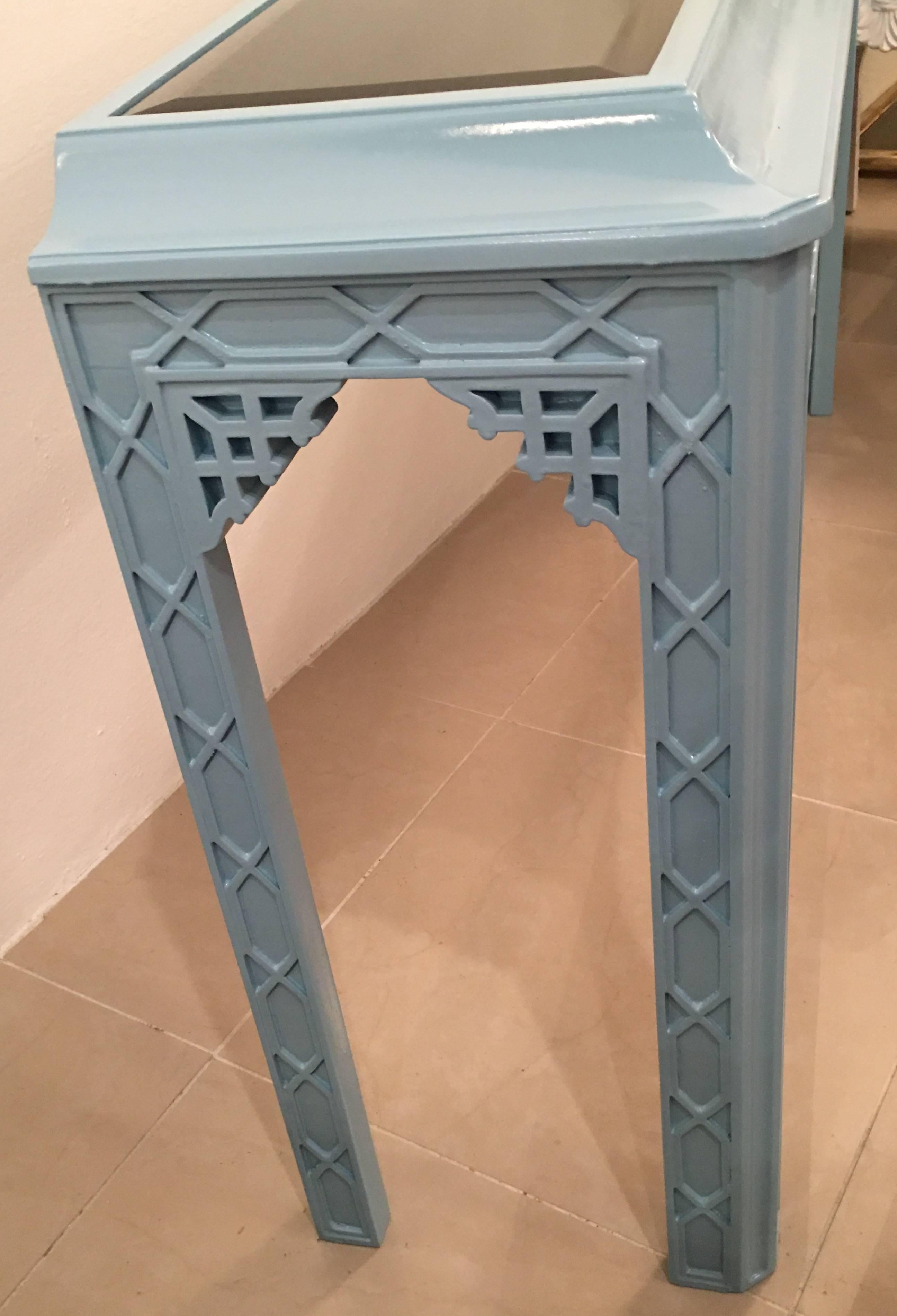 Late 20th Century Console Table Lacquered Blue Vintage Fret Work Fretwork Chinese Chippendale
