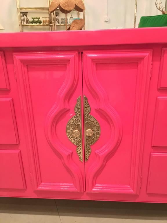 Lacquered Pink Dresser Credenza Sideboard Buffet Brass Hollywood ...