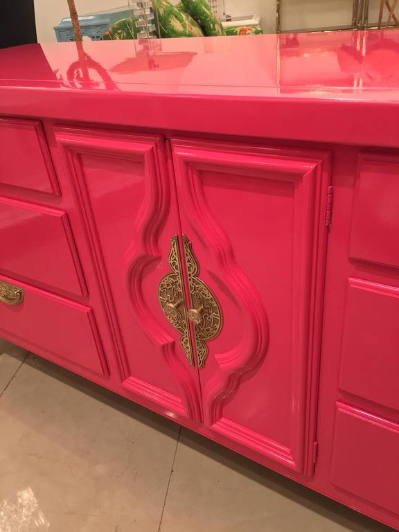 Lacquered Pink Dresser Credenza Sideboard Buffet Brass Hollywood ...