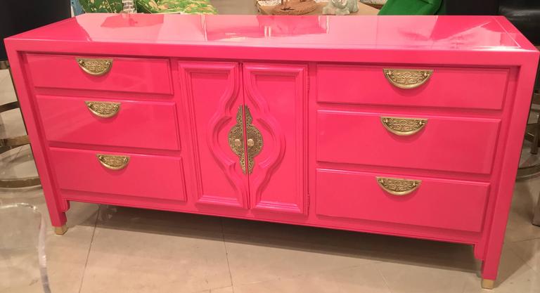 Lacquered Pink Dresser Credenza Sideboard Buffet Brass Hollywood