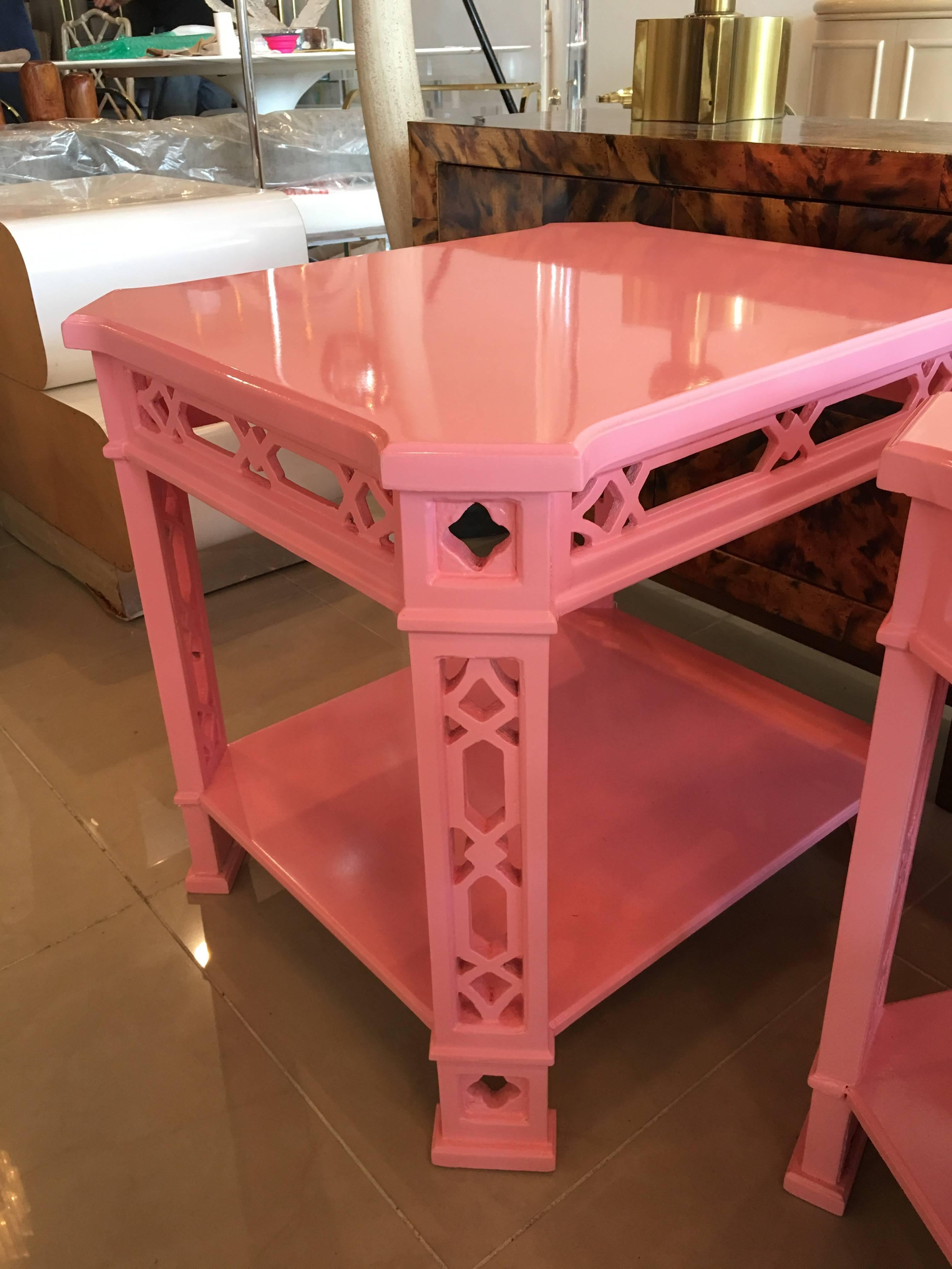 Alkyd Pair of Coral Pink End Side Tables Lacquered Fretwork Fret Chinese Chippendale