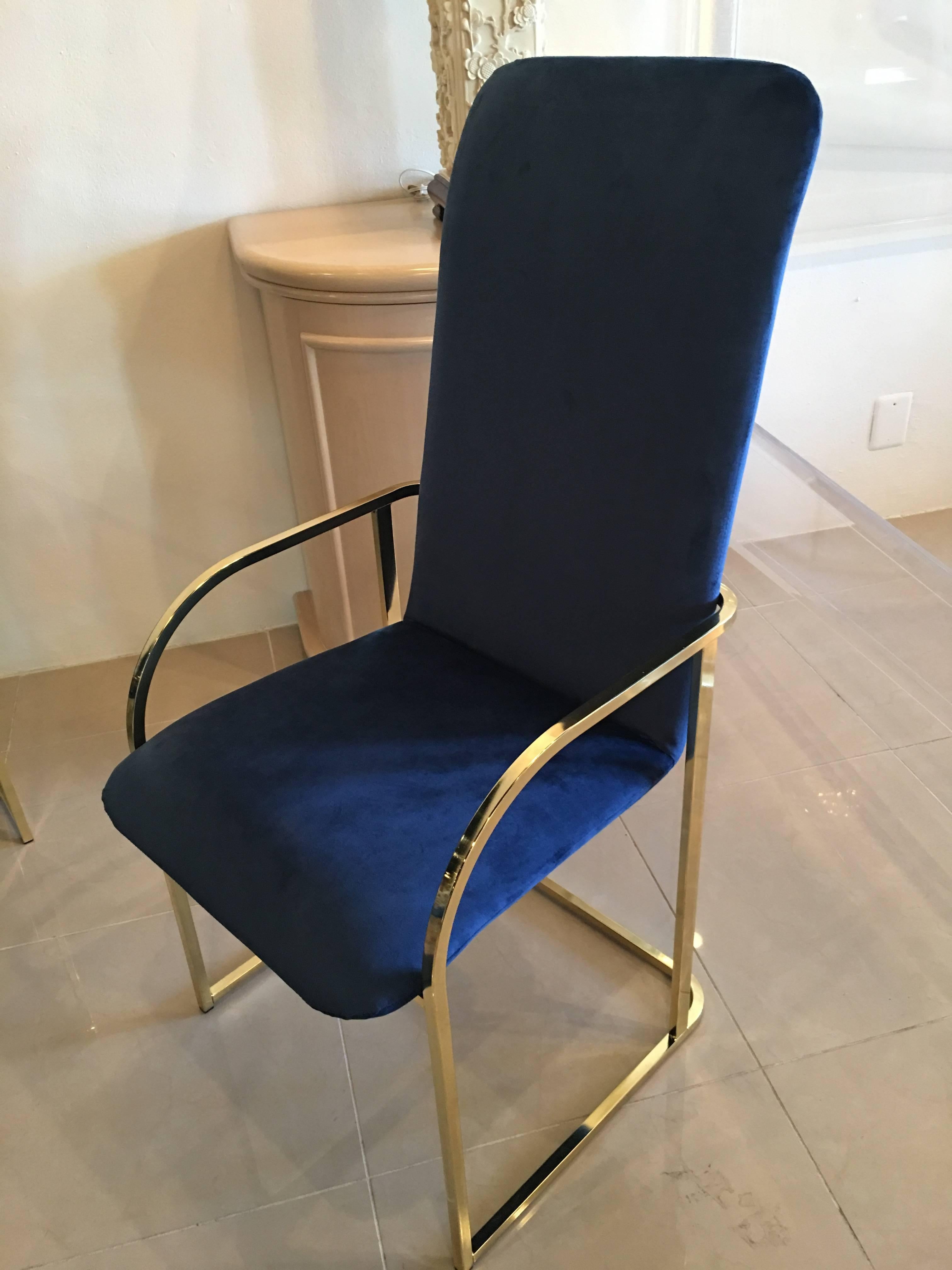 Set of 12 Brass DIA Dining Arm Chairs Navy Velvet Design Institute of America In Good Condition In West Palm Beach, FL