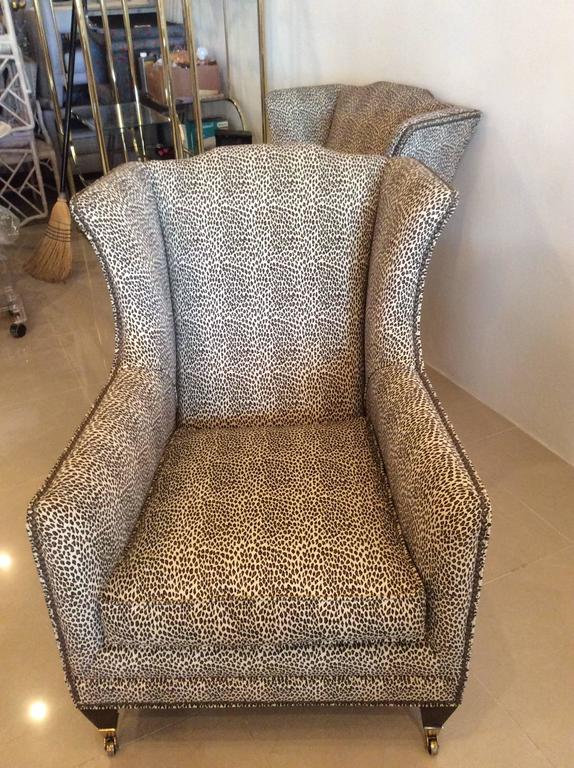 Pair Wingback Animal Print Chairs Nailhead Club Lounge Armchairs by