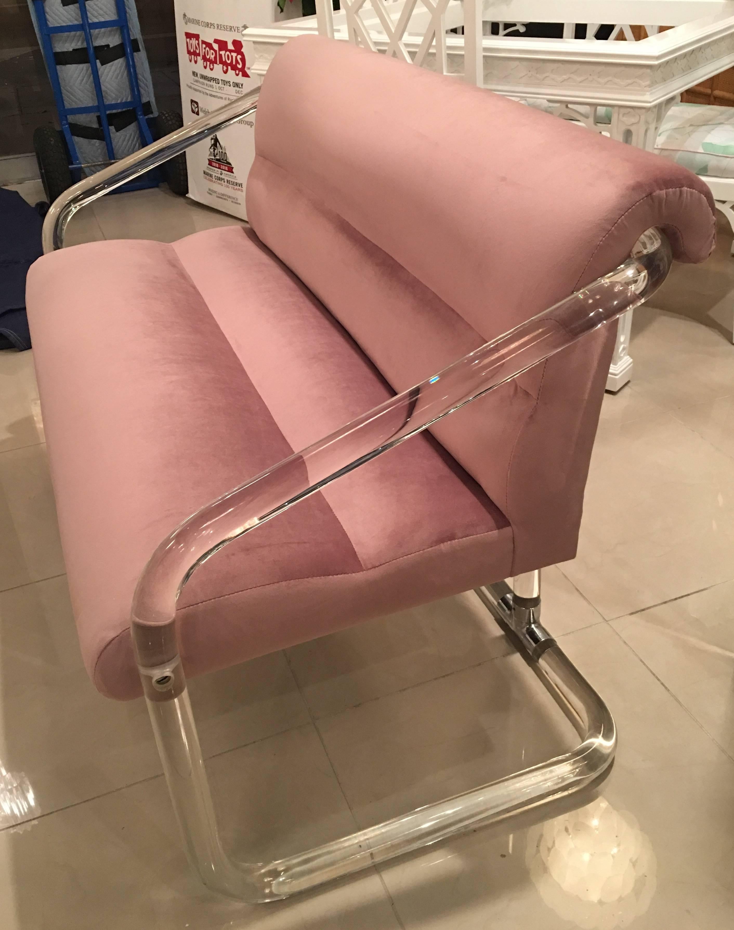 Vintage Hollywood Palm Beach Regency, Lucite and chrome Lion in Frost, signed and dated, 1979, loveseat bench, settee. New upholstery in a beautiful lavender velvet. Waterfall arm style. This is extremely rare! I have never seen this piece before.