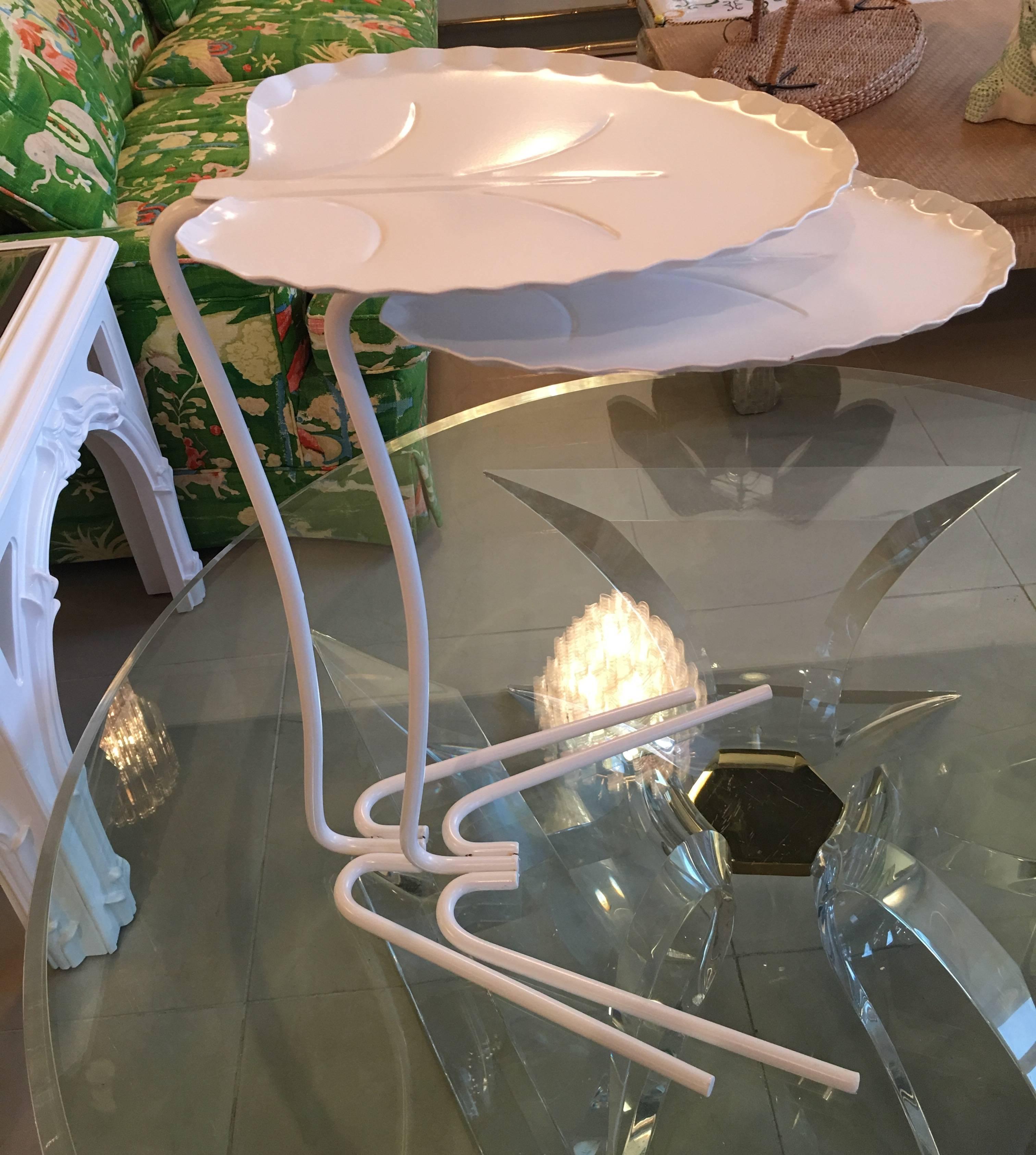 Pair of vintage metal Salterini lily pad leaf nesting side or end tables. Newly powdercoated in a white finish. Perfect for inside or outside in a sunroom by a pool, or on a porch. Great Mid-Century Modern, Hollywood Regency, Palm Beach look. Cute