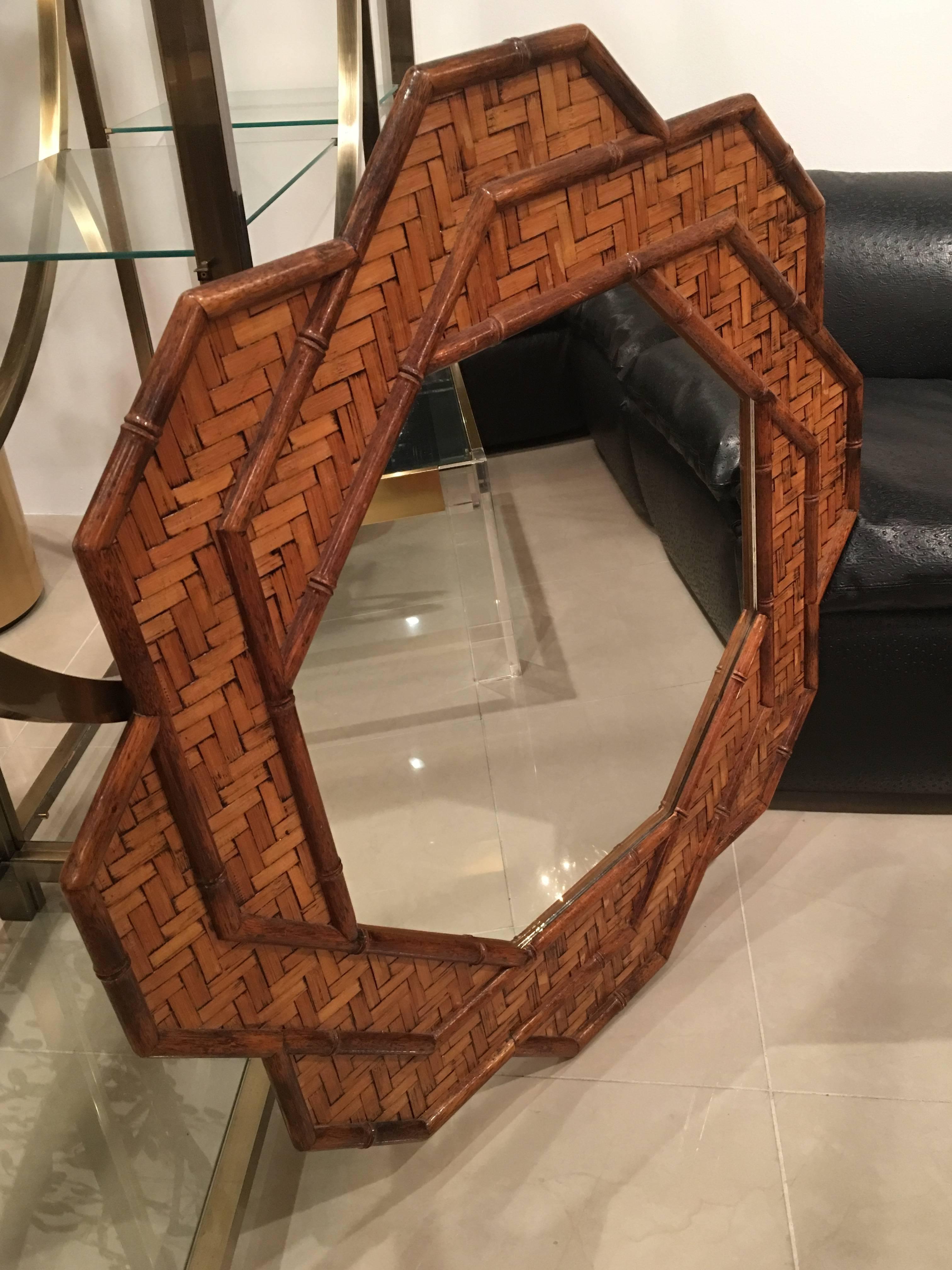 Rattan Woven Reed Bamboo Wall Mirror Octogonal Tropical Palm Beach Wicker In Excellent Condition In West Palm Beach, FL