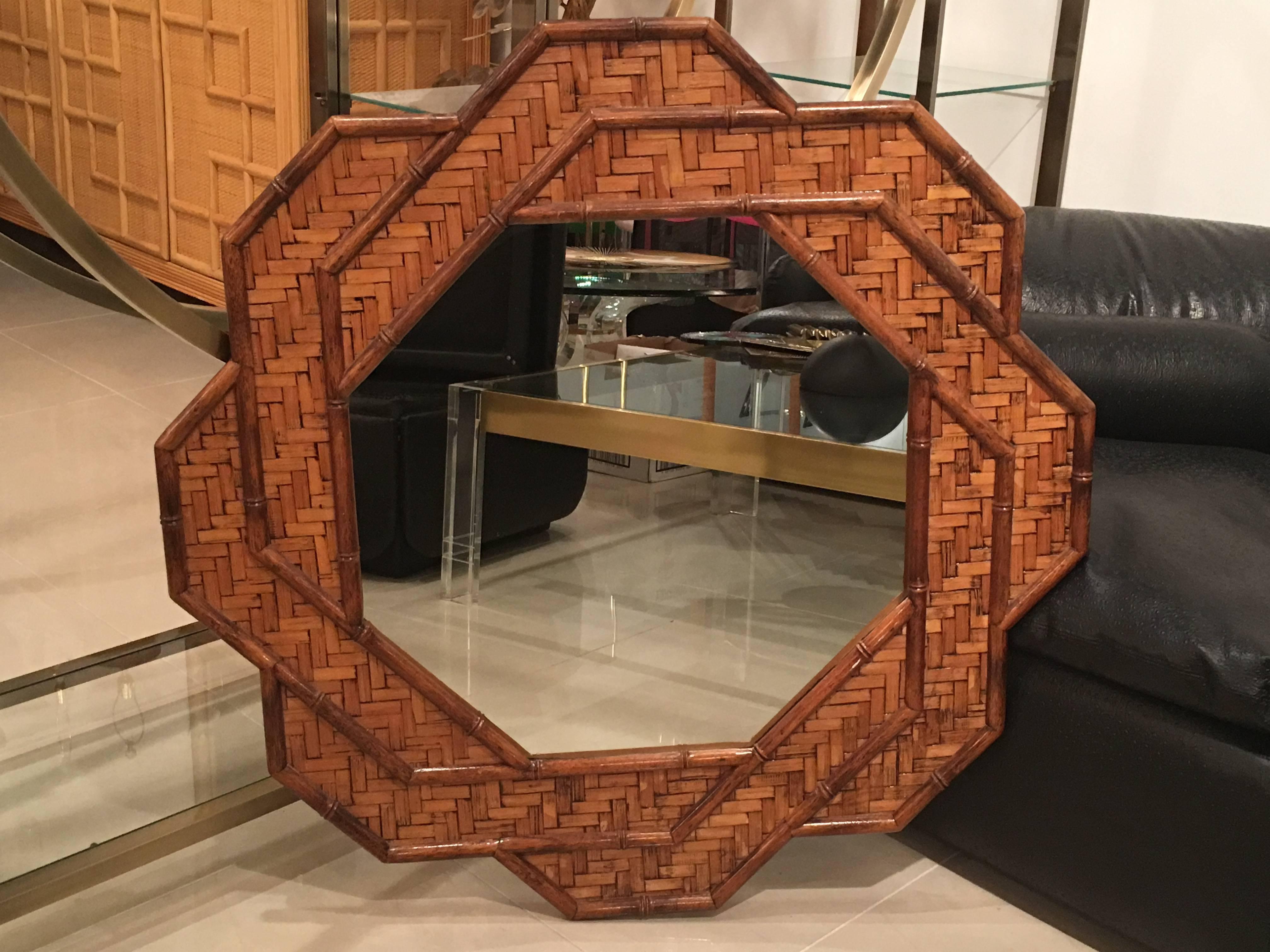 Late 20th Century Rattan Woven Reed Bamboo Wall Mirror Octogonal Tropical Palm Beach Wicker