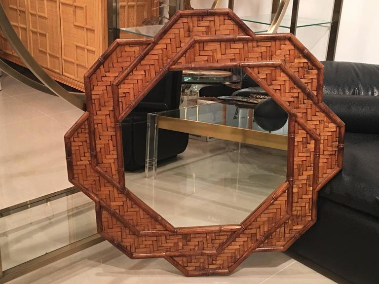 Rattan Woven Reed Bamboo Wall Mirror Octogonal Tropical Palm Beach