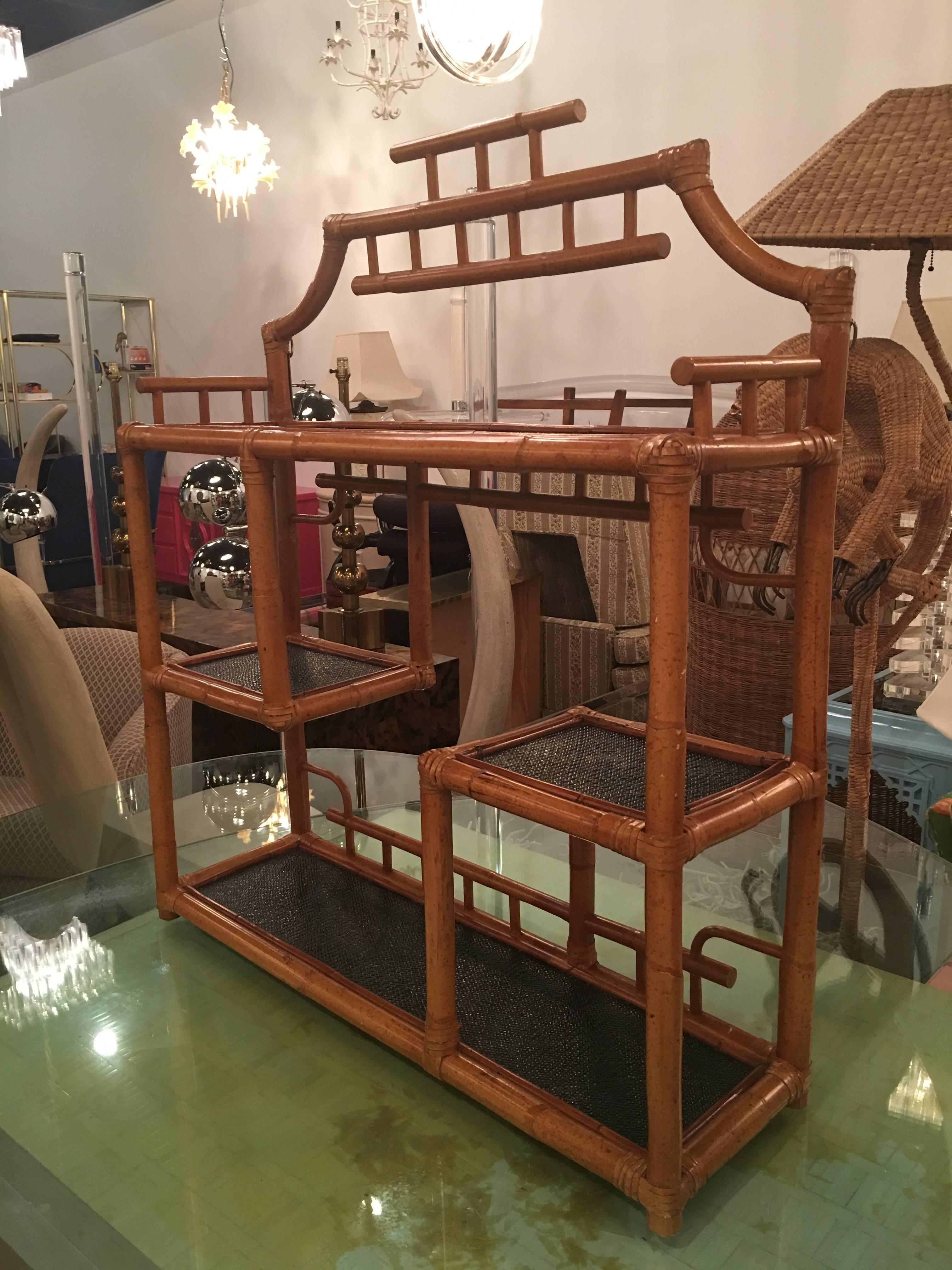 American Pagoda Rattan Bamboo Wall or Floor Shelf Shelves Etagere Tropical Palm Beach