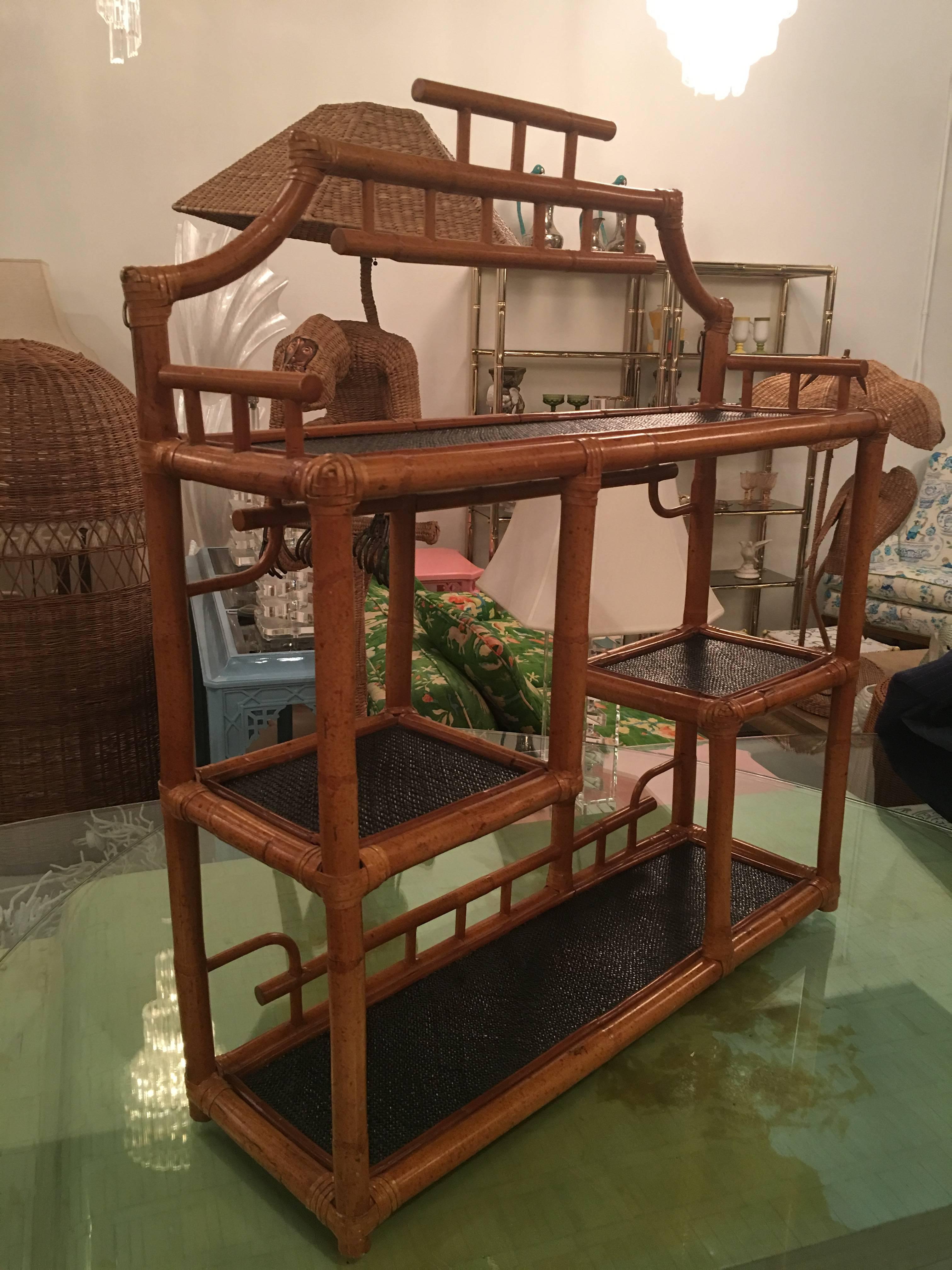 Pagoda Rattan Bamboo Wall or Floor Shelf Shelves Etagere Tropical Palm Beach In Good Condition In West Palm Beach, FL