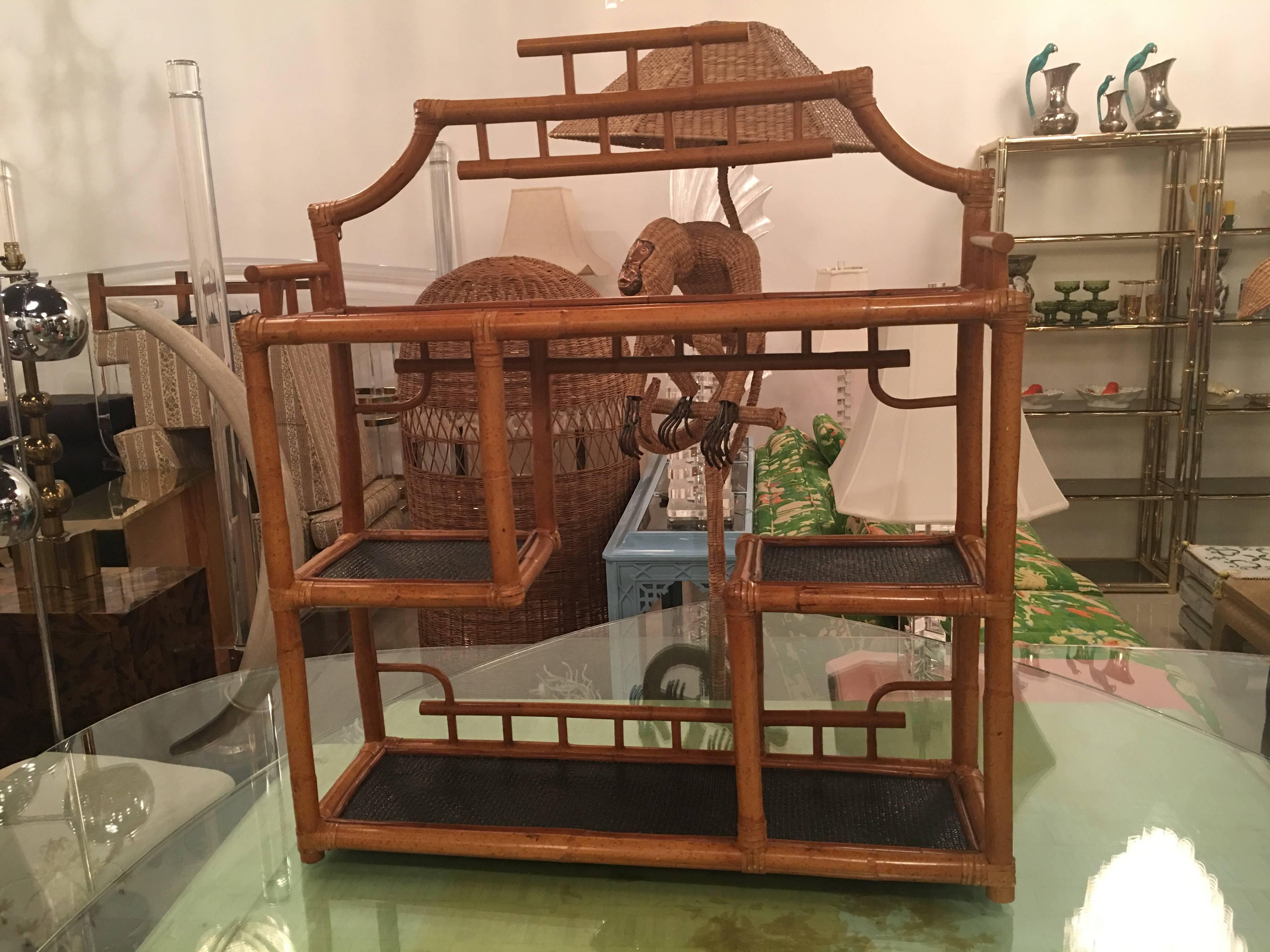 Hollywood Regency Pagoda Rattan Bamboo Wall or Floor Shelf Shelves Etagere Tropical Palm Beach