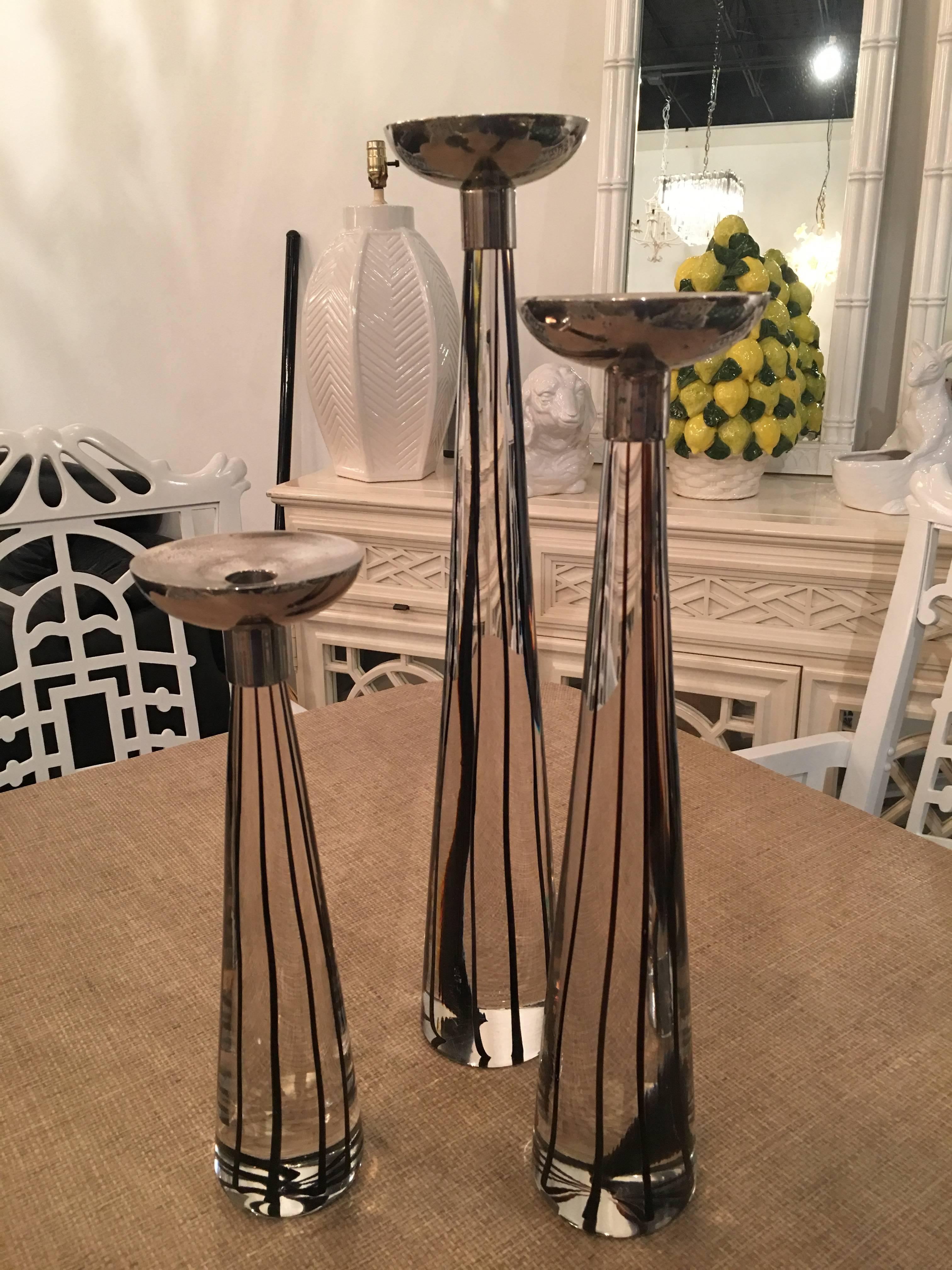 Hollywood Regency Set of Three Vintage Murano Glass Candleholders, Italy Chrome Italian Vistosi
