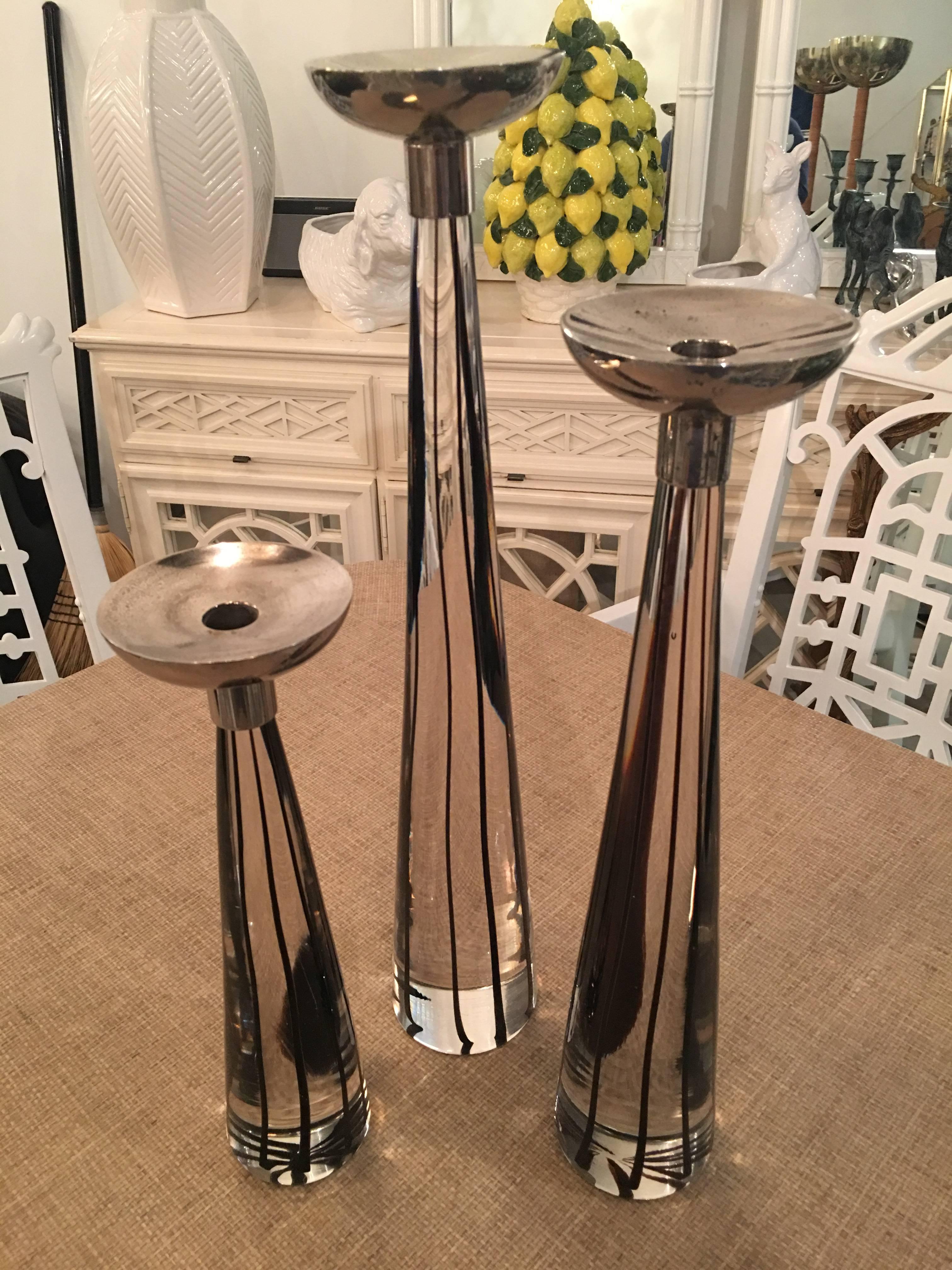 Set of Three Vintage Murano Glass Candleholders, Italy Chrome Italian Vistosi In Good Condition In West Palm Beach, FL