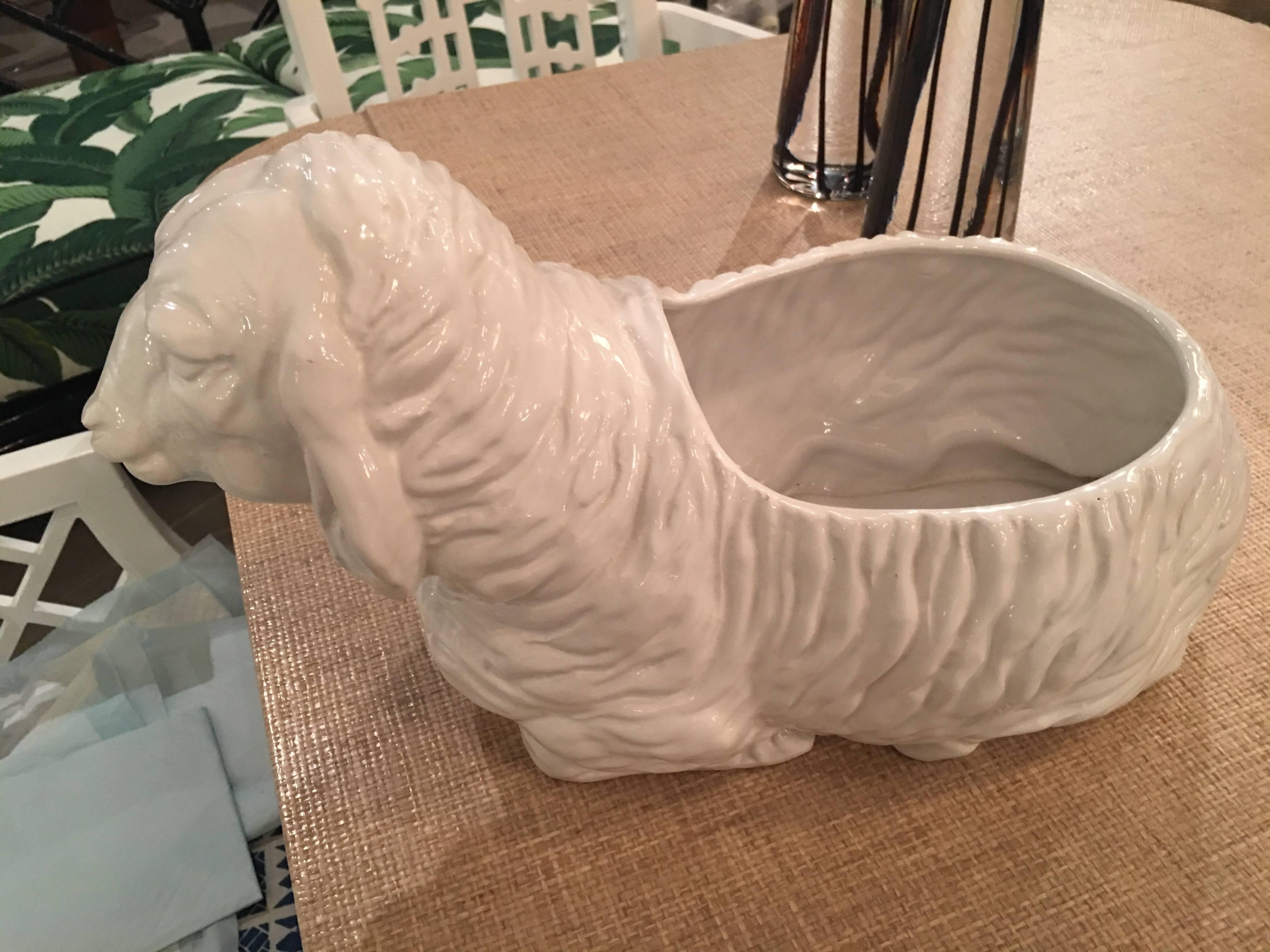 Late 20th Century Italian Sheep Lamp White Ceramic Statue Planter Pot Vintage Hollywood Regency  For Sale