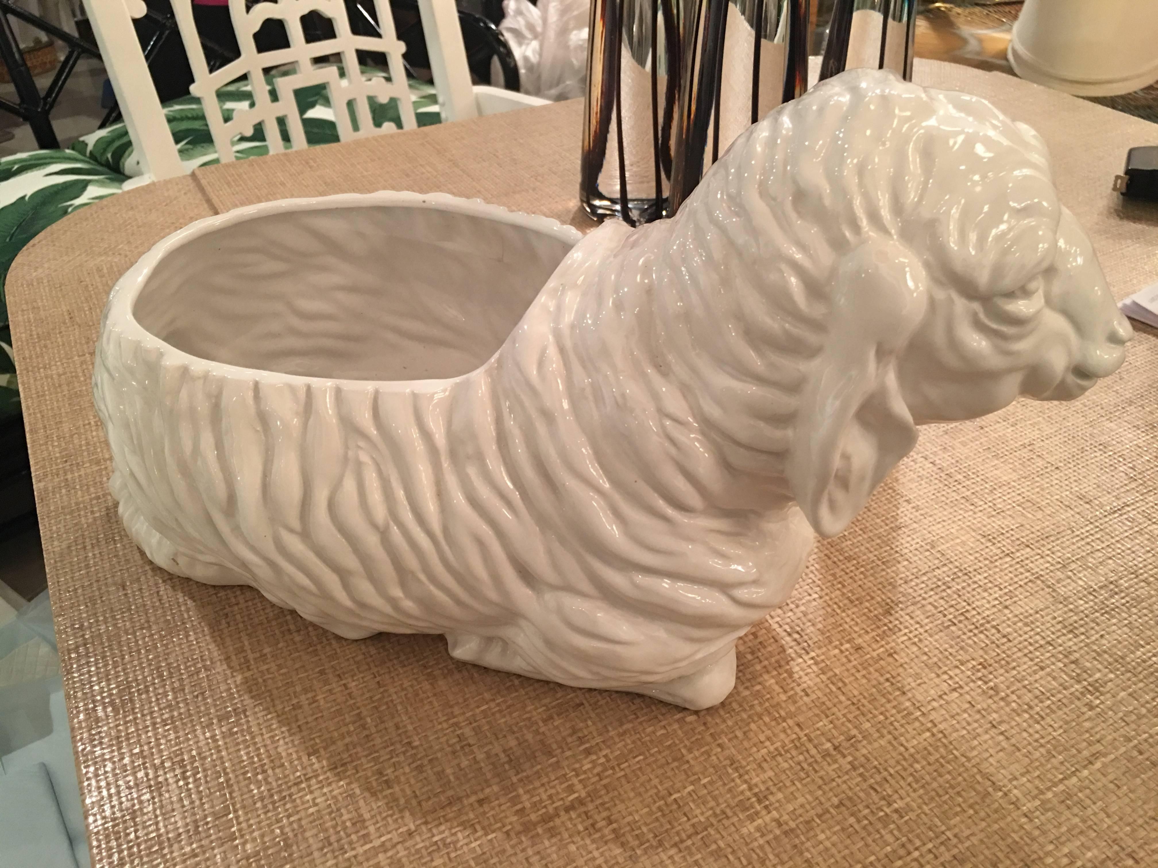 Italian Sheep Lamp White Ceramic Statue Planter Pot Vintage Hollywood Regency  For Sale 1