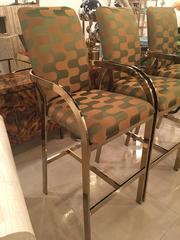 Brass Gold Arm Barstools Stools Vintage Set 3 Hollywood Regency DIA Upholstered
