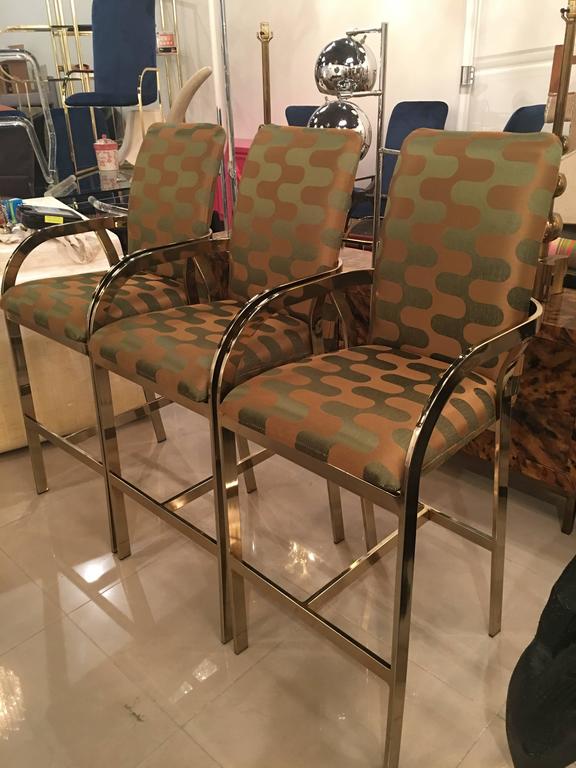 Brass Gold Arm Bar Stools Vintage Set Three Hollywood Regency DIA