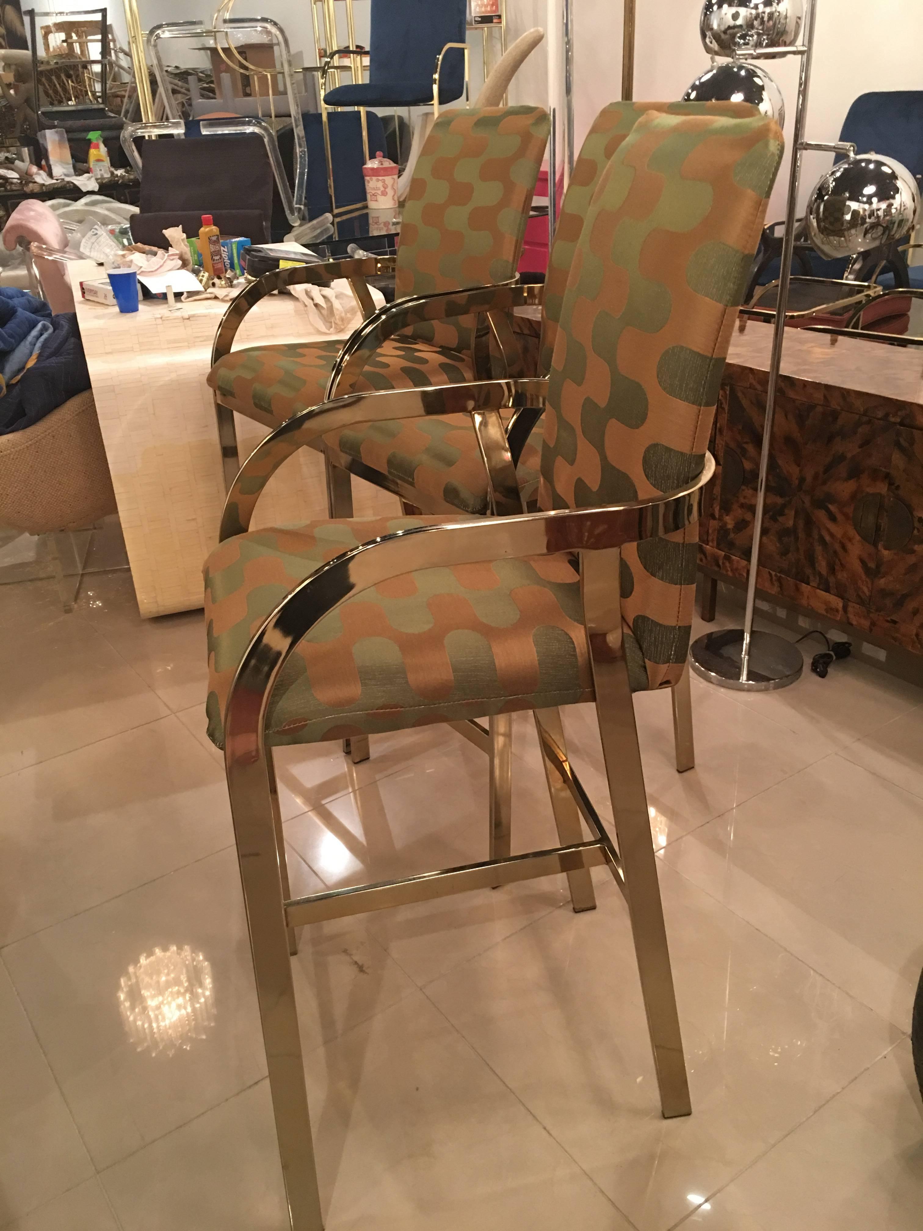 American Brass Gold Arm Barstools Stools Vintage Set 3 Hollywood Regency DIA Upholstered For Sale