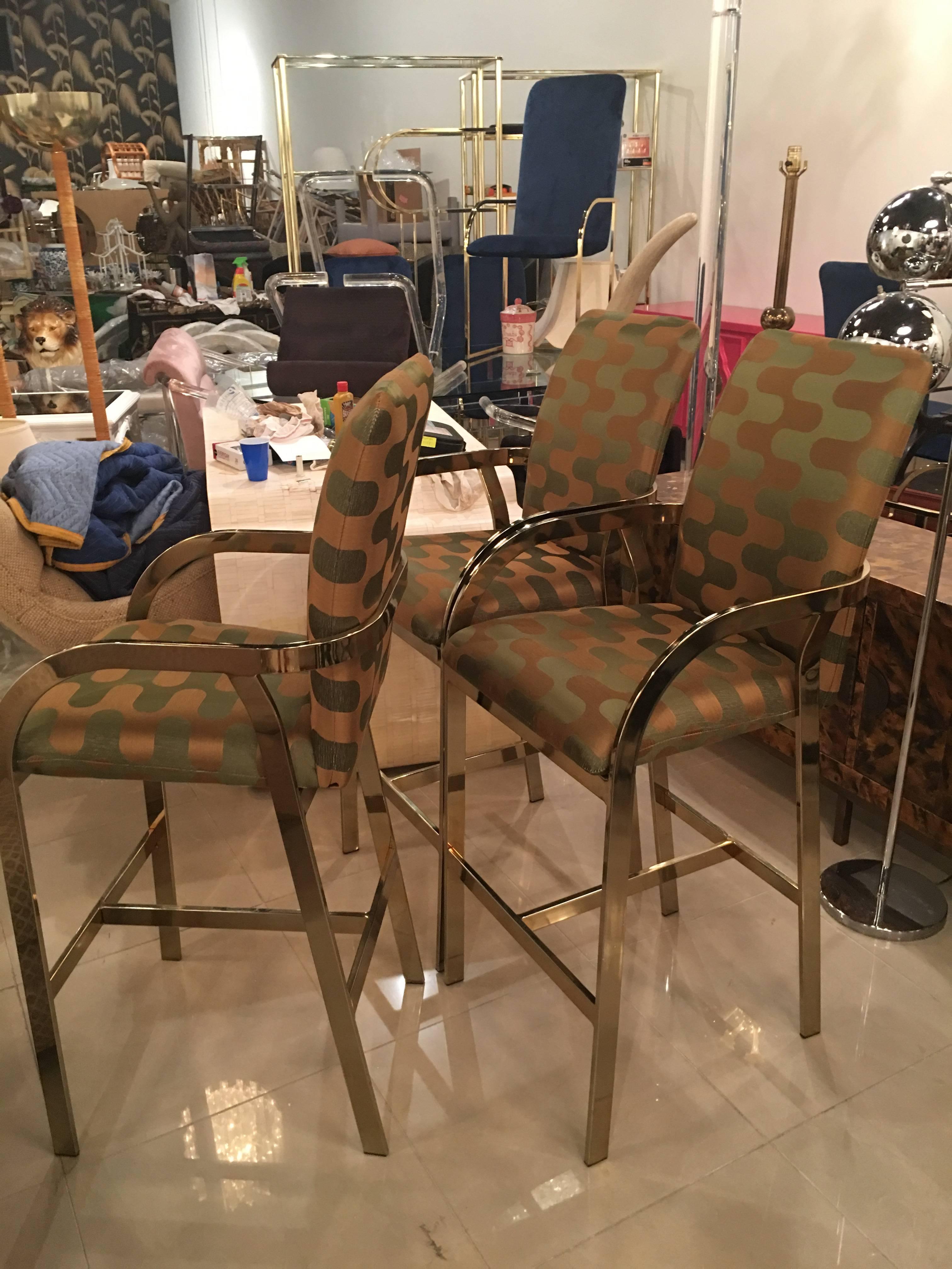 Brass Gold Arm Barstools Stools Vintage Set 3 Hollywood Regency DIA Upholstered For Sale 1