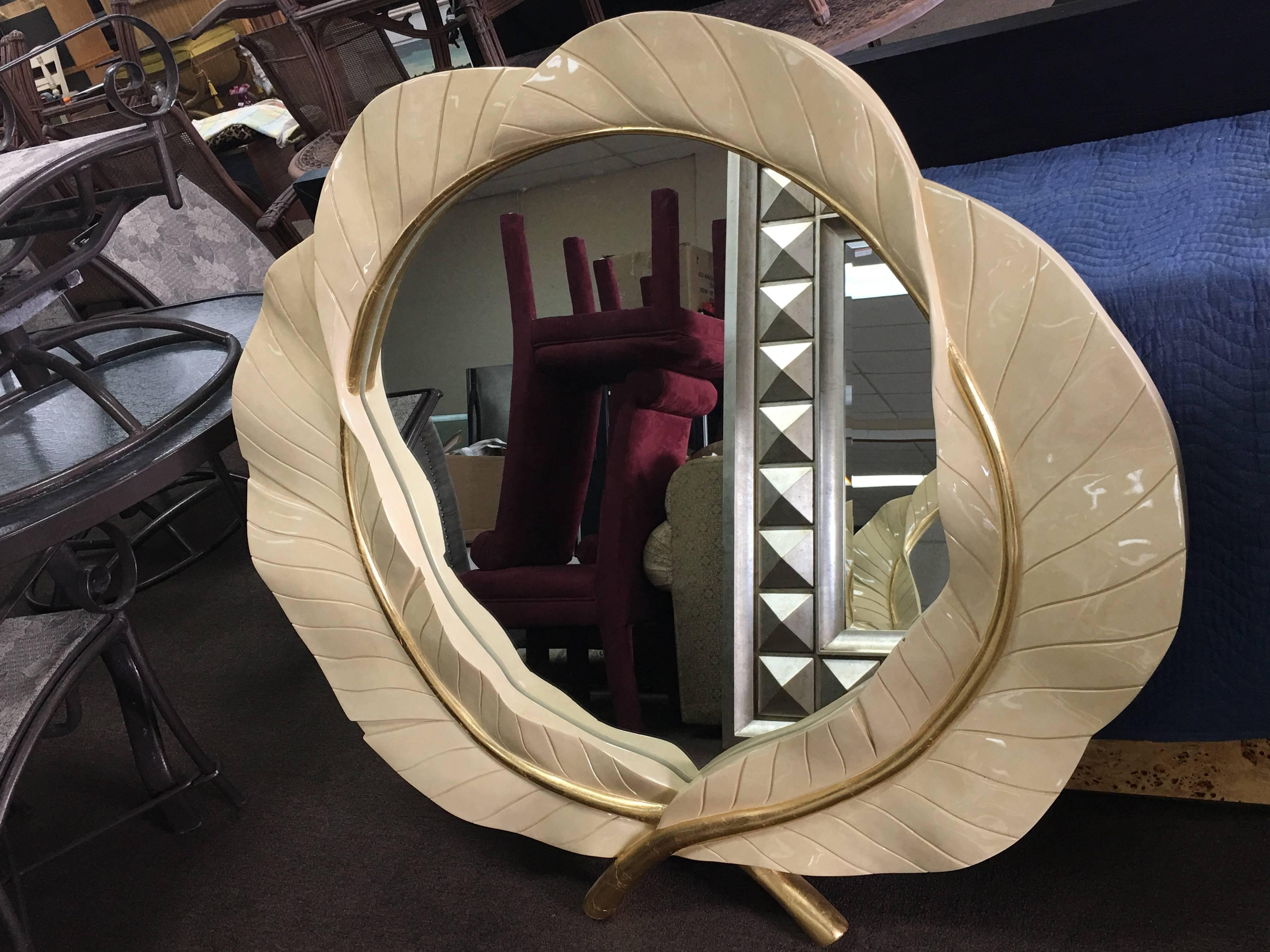 Such an amazing wall mirror! Comes ready to hang. Lovely vintage banana leaf leaves with gold leaf stems, oversized wall mirror. Perfect for over a console table with a Palm Beach, tropical, Hollywood Regency feel. Original vintage finish. Can be