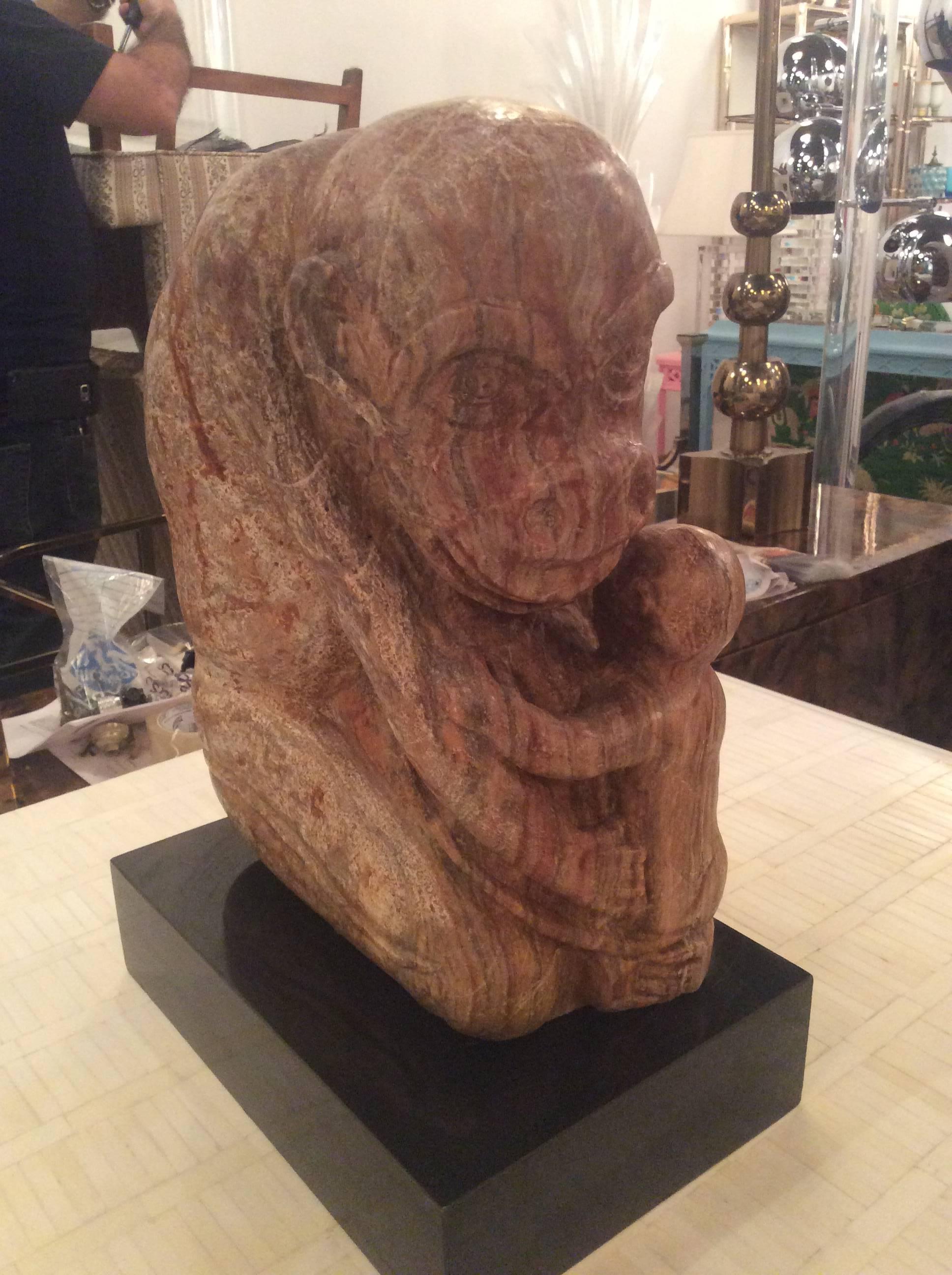 Mid-20th Century Stone Rock Carved Monkey Mother and Baby Gorilla Statue Signed LEW Siegel For Sale