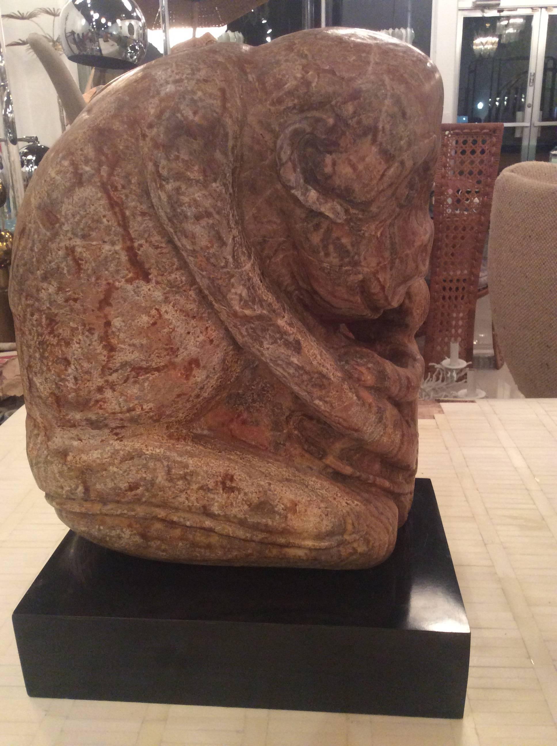 Stone Rock Carved Monkey Mother and Baby Gorilla Statue Signed LEW Siegel For Sale 1