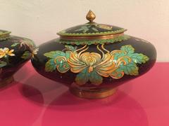 Pair of Vintage Cloisonné Lid Jars Vases Urns Brass Enamel Floral Flowers Metal