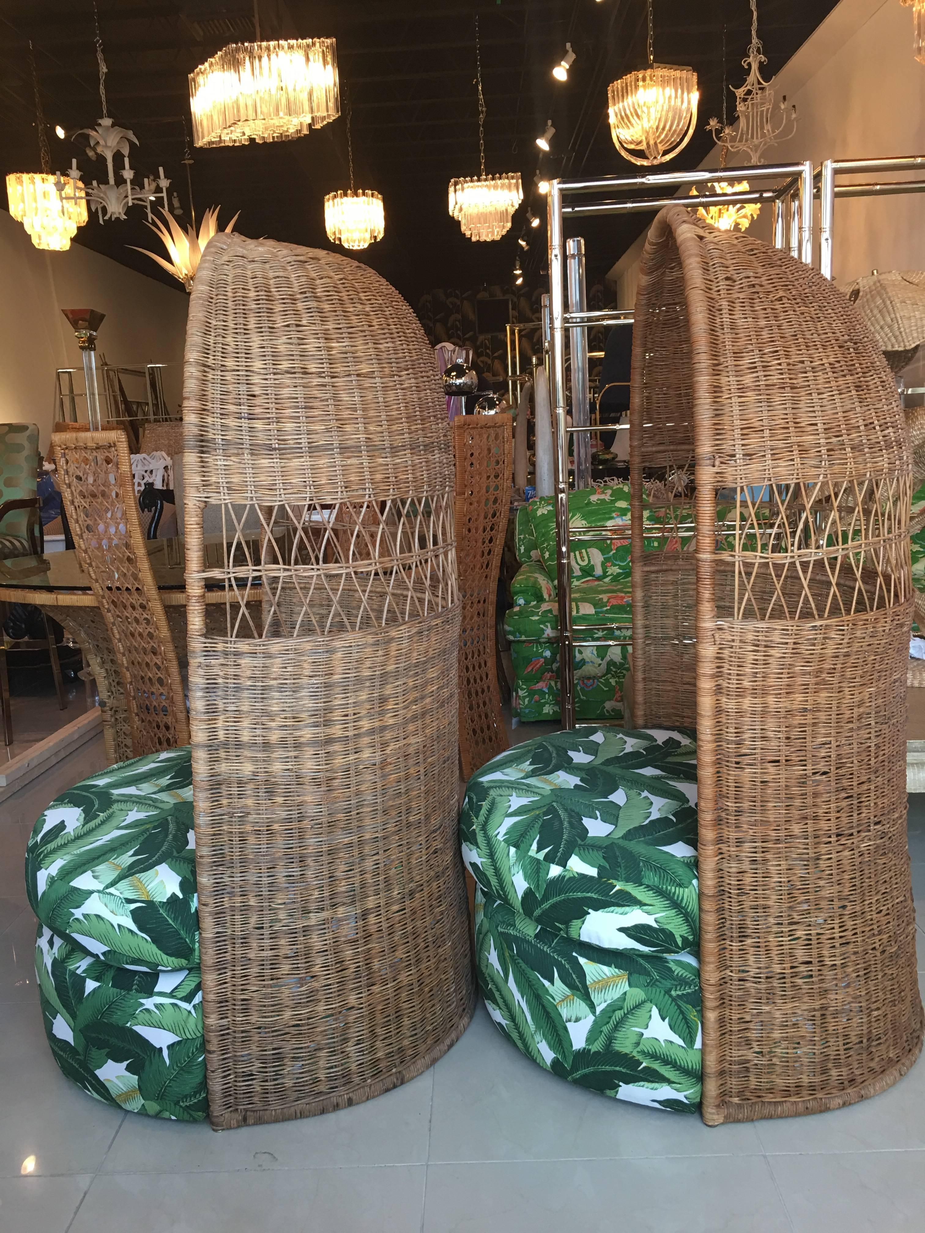 Bohemian Rattan Dome Hooded Pair of Vintage Chairs Tropical Leaf Palm Beach Wicker Bamboo