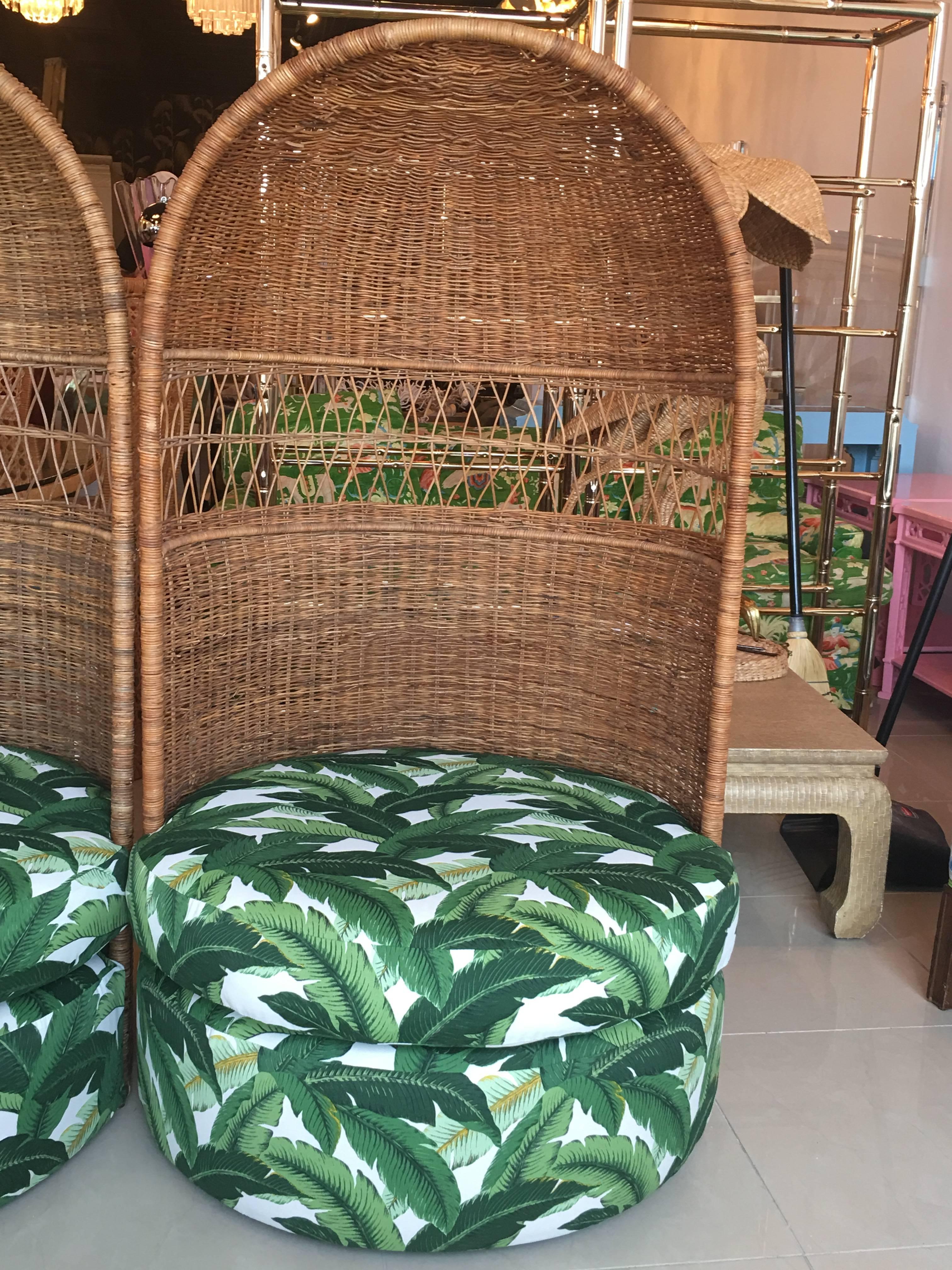 Upholstery Rattan Dome Hooded Pair of Vintage Chairs Tropical Leaf Palm Beach Wicker Bamboo