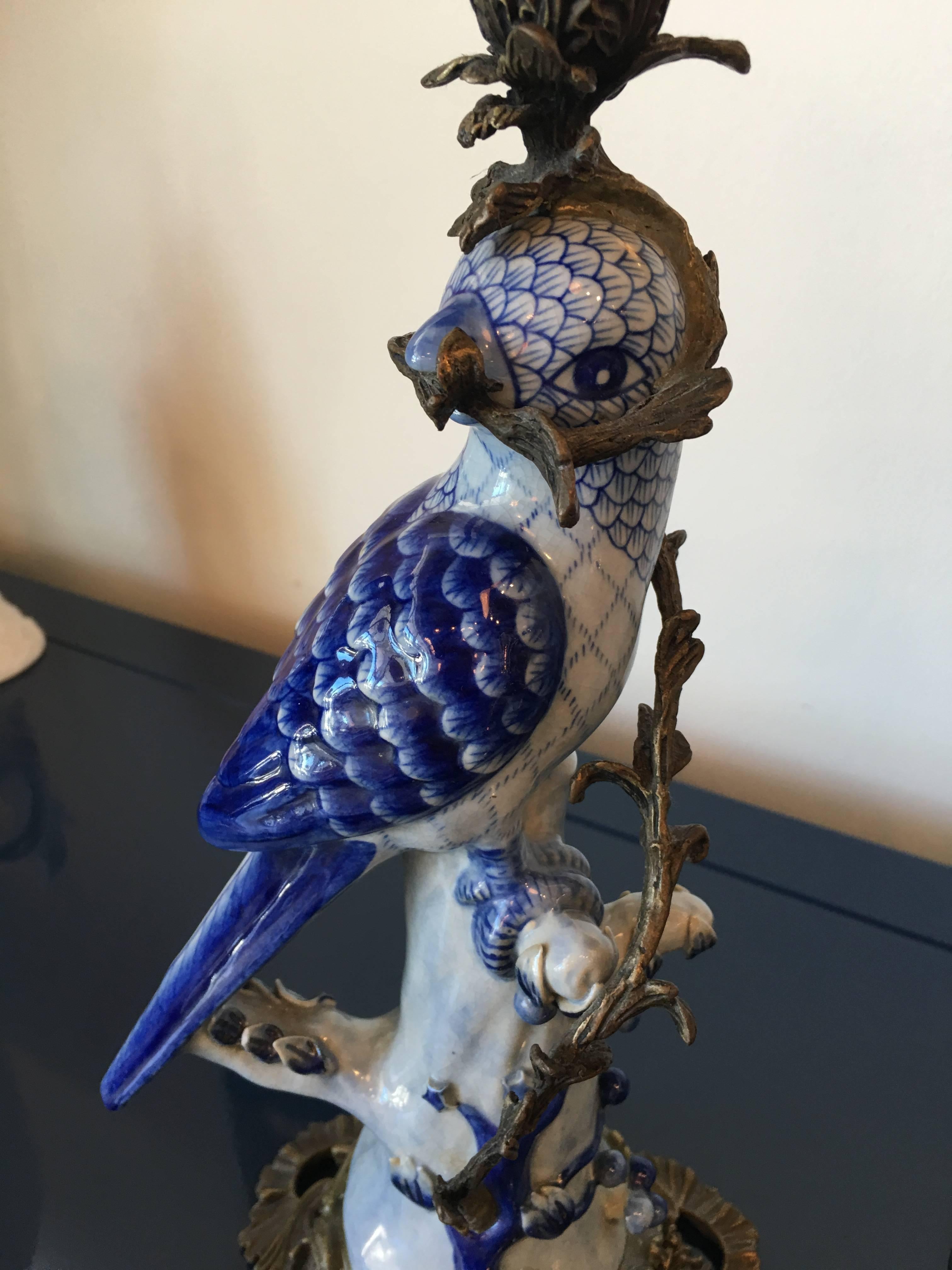 Hollywood Regency Pair Large Ceramic Blue Parrot Birds Candleholders Brass Tropical Ornate