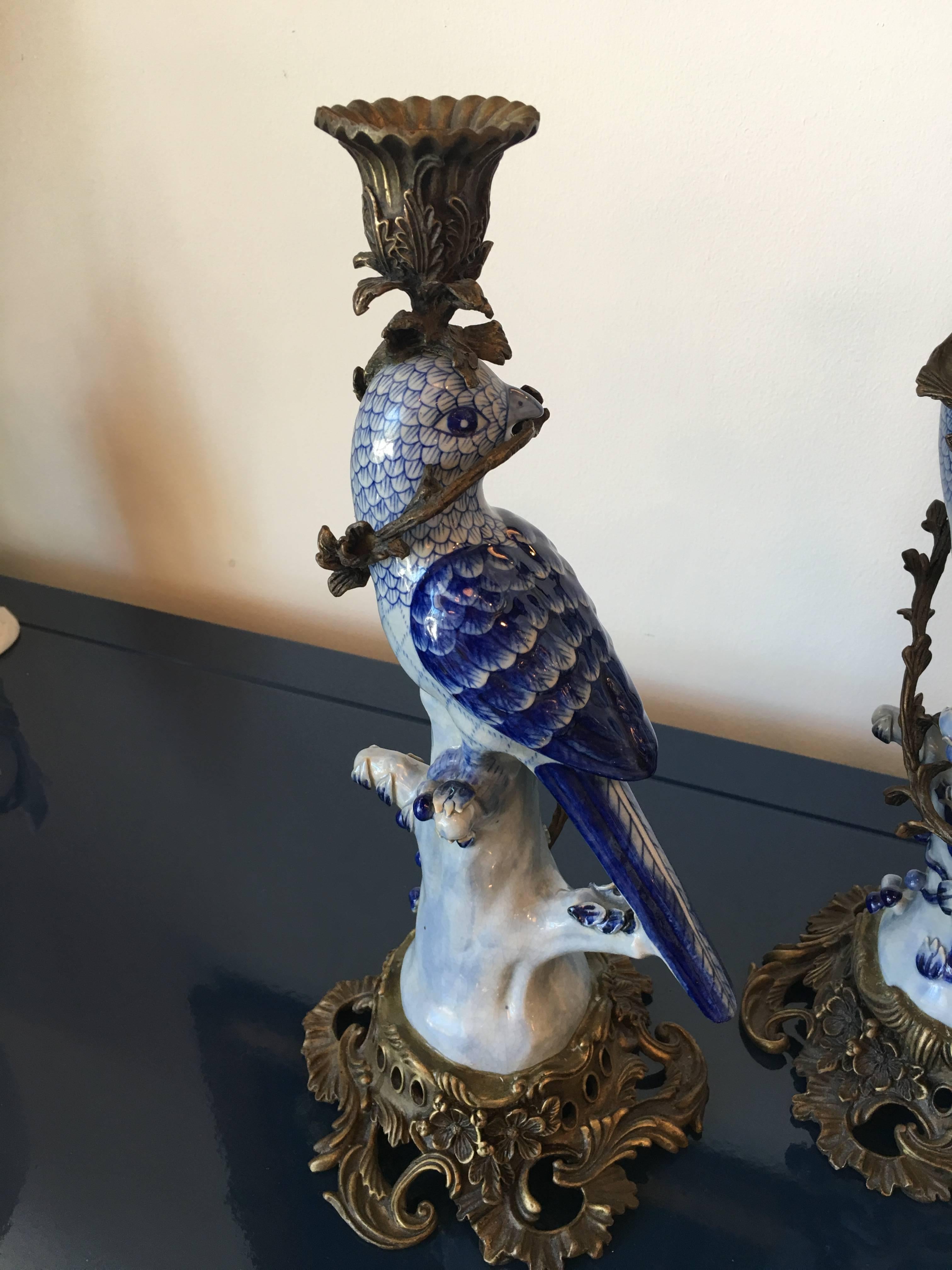 Mid-20th Century Pair Large Ceramic Blue Parrot Birds Candleholders Brass Tropical Ornate