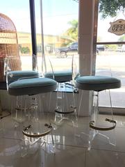 Set of Four Lucite and Brass Bar Stools, Newly Upholstered, Vintage