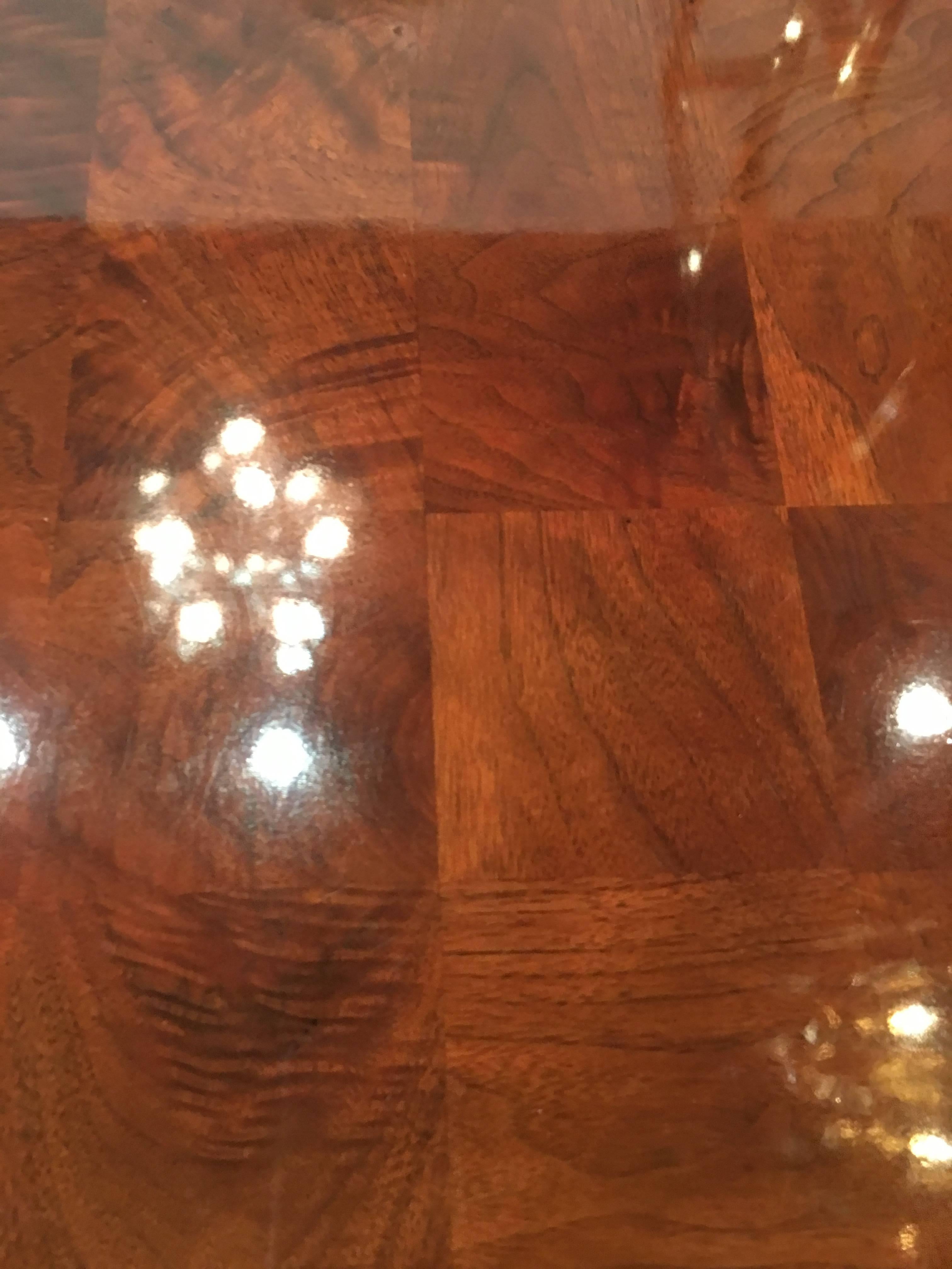 Hollywood Regency Milo Baughman Patchwork Dining Table Newly Restored Burl Wood Parsons Two Leaves
