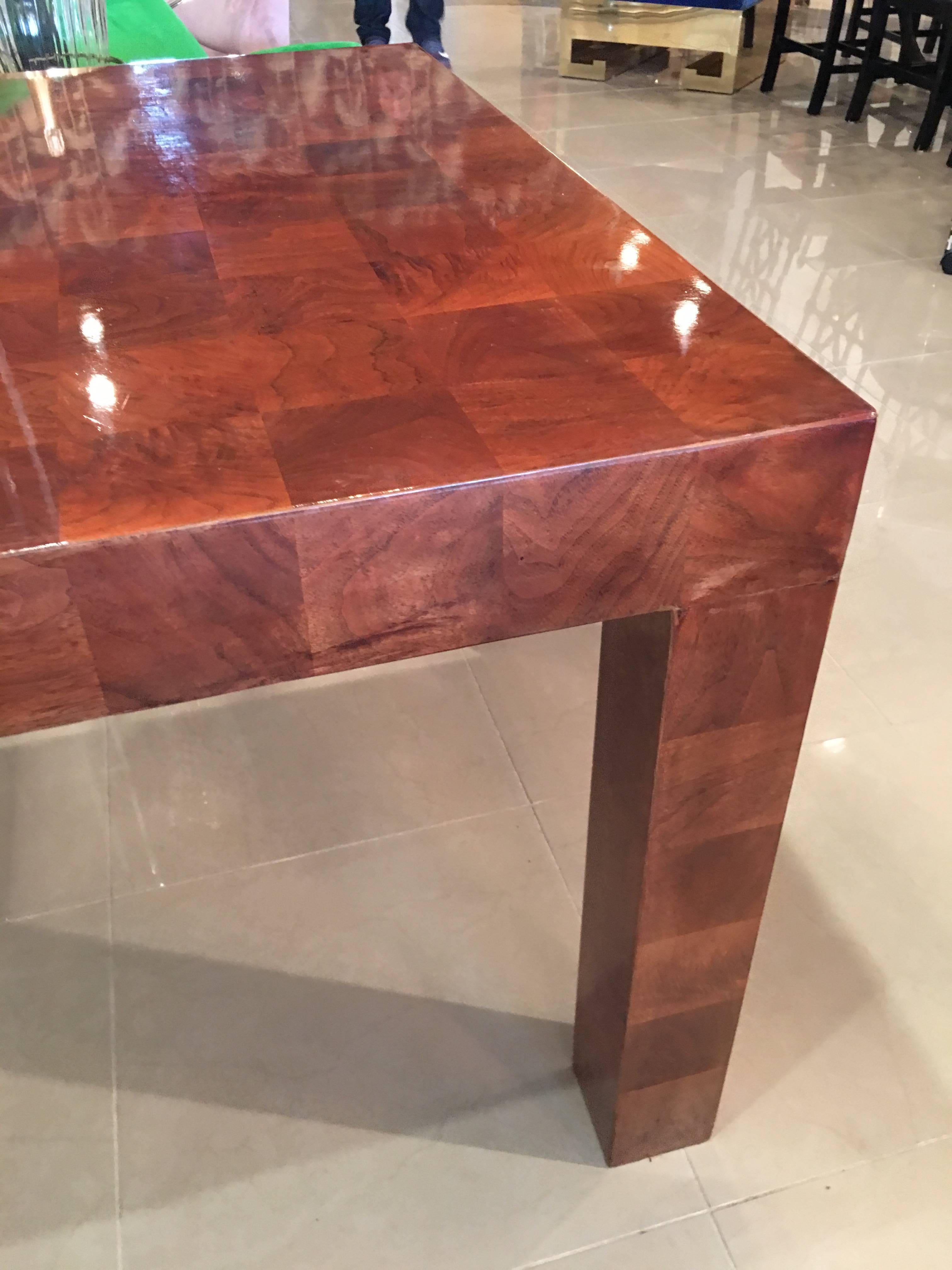 Late 20th Century Milo Baughman Patchwork Dining Table Newly Restored Burl Wood Parsons Two Leaves
