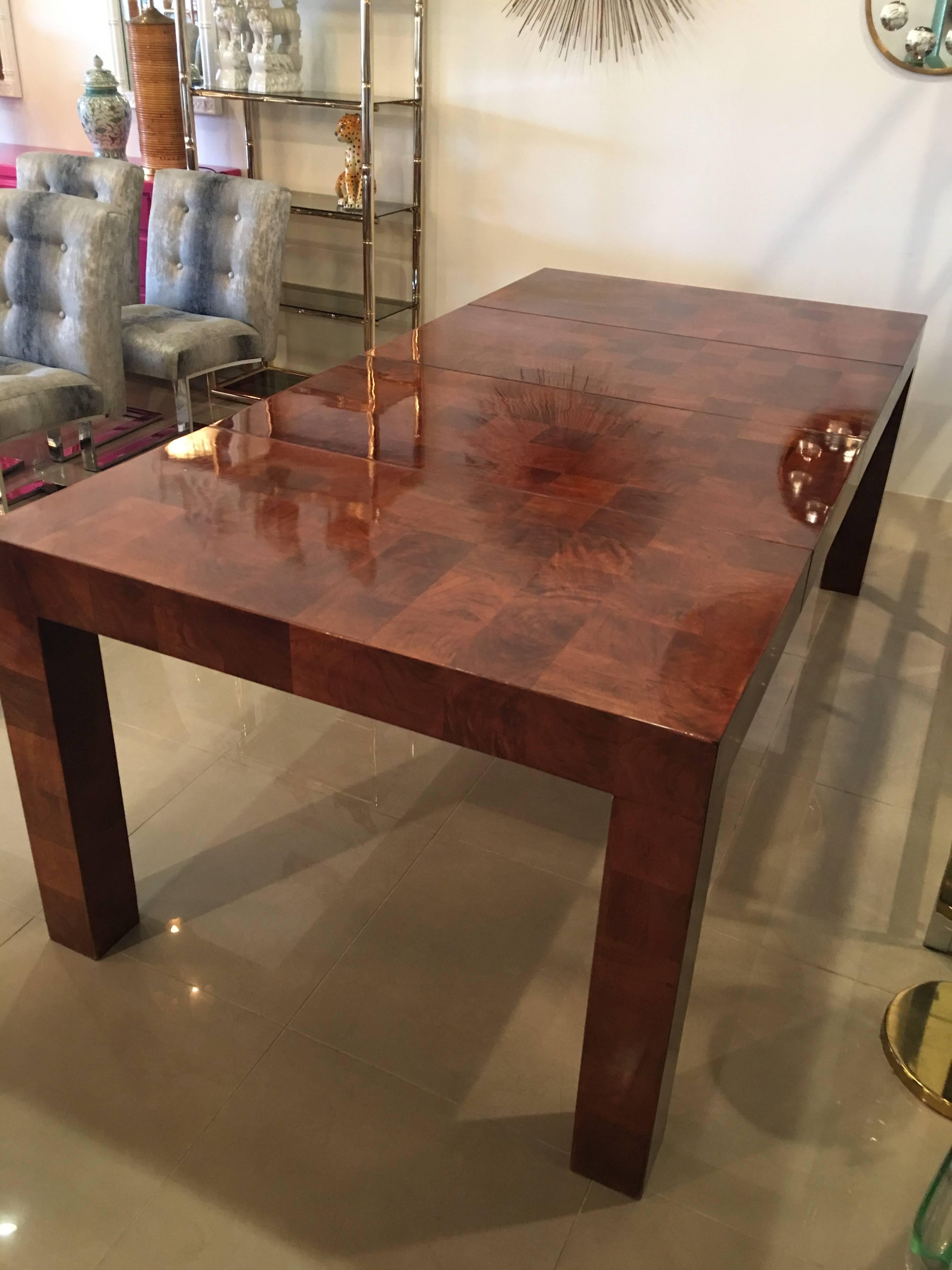 Milo Baughman Patchwork Dining Table Newly Restored Burl Wood Parsons Two Leaves 1
