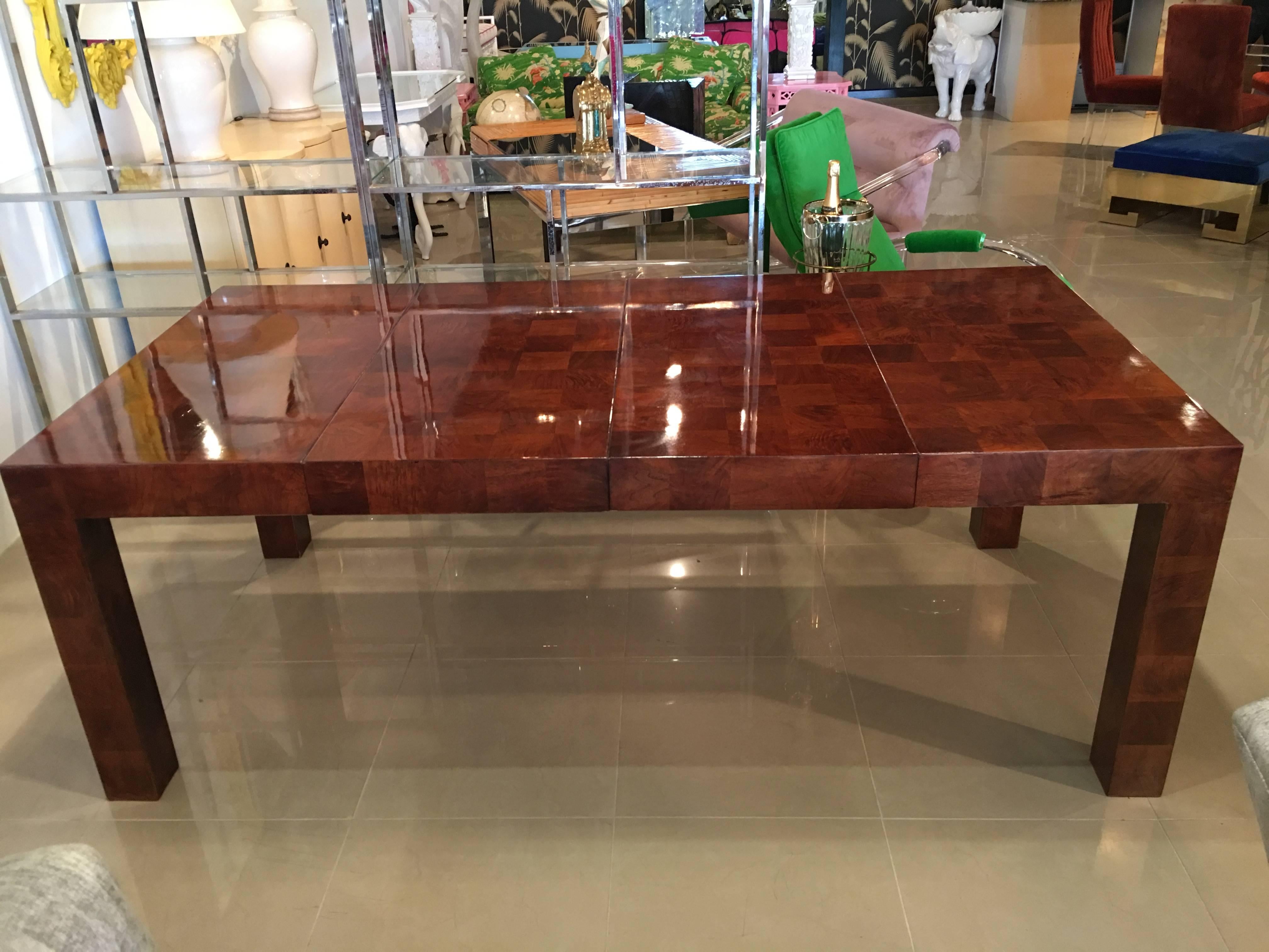 Milo Baughman Patchwork Dining Table Newly Restored Burl Wood Parsons Two Leaves In Excellent Condition In West Palm Beach, FL