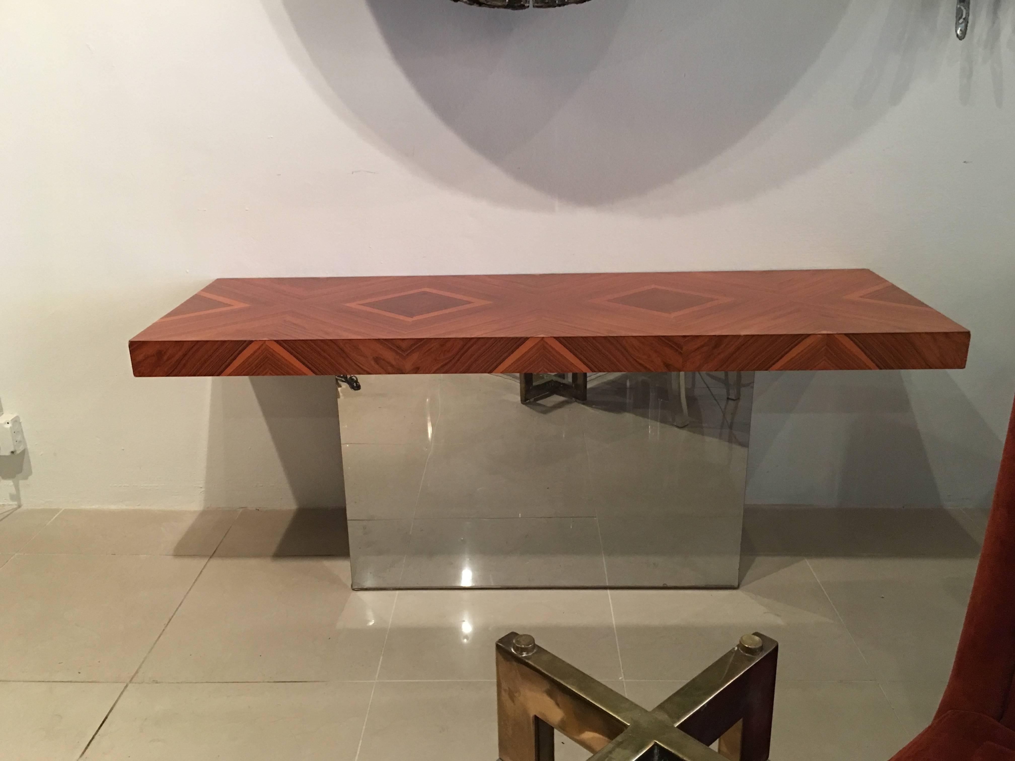 Amazing console table with chrome base and rosewood top with diamond pattern. Milo Baughman for Thayer Coggin from the New Concept collection, circa 1965.  