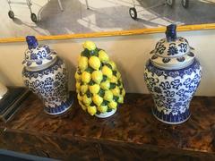 Foo Dogs Blue and White Ginger Jars Pair Vintage Large Urns Palm Beach Oriental