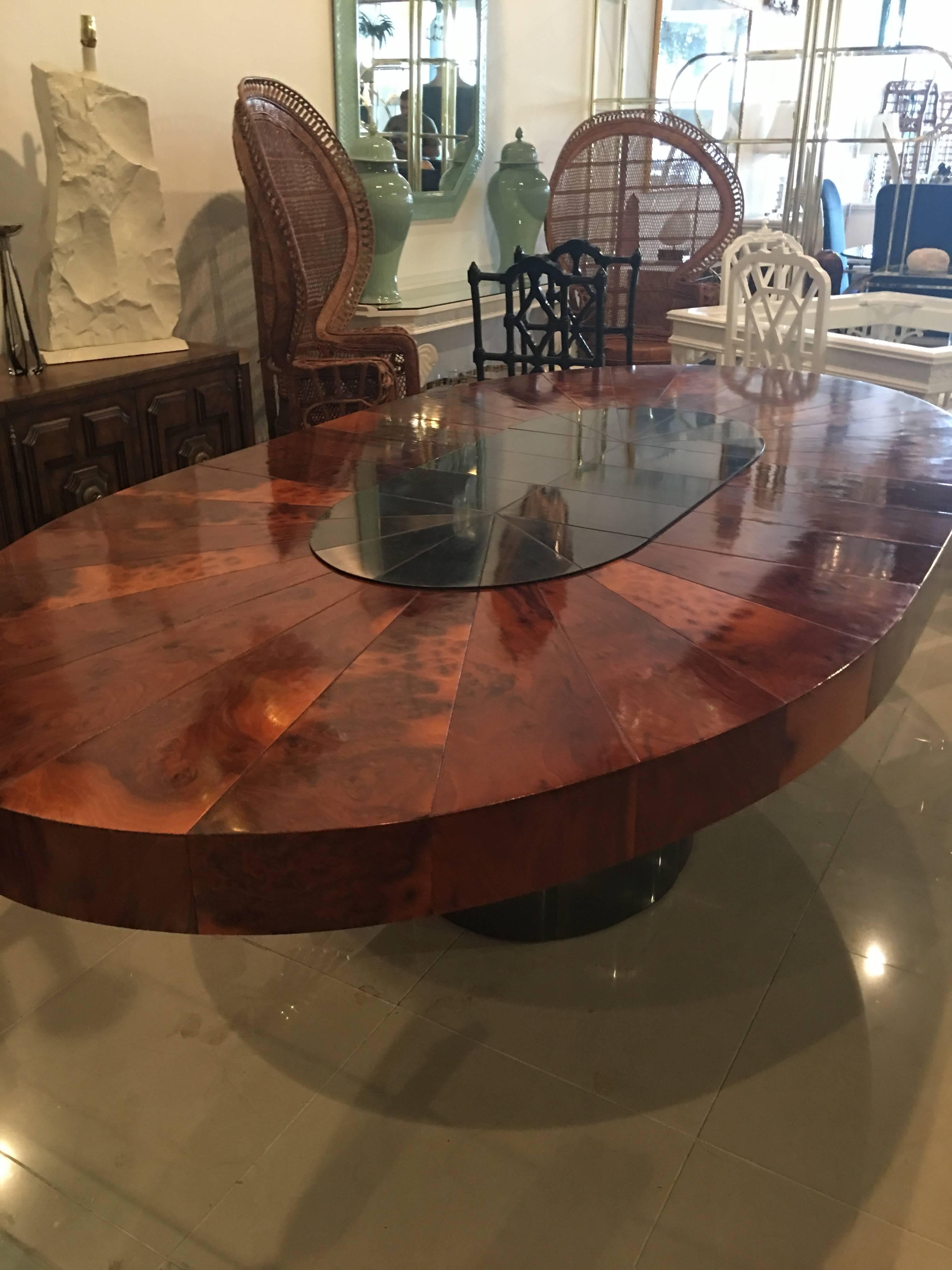 Paul Evans Burl Wood Cityscape Starburst Dining Table Brushed Steel Chrome 1