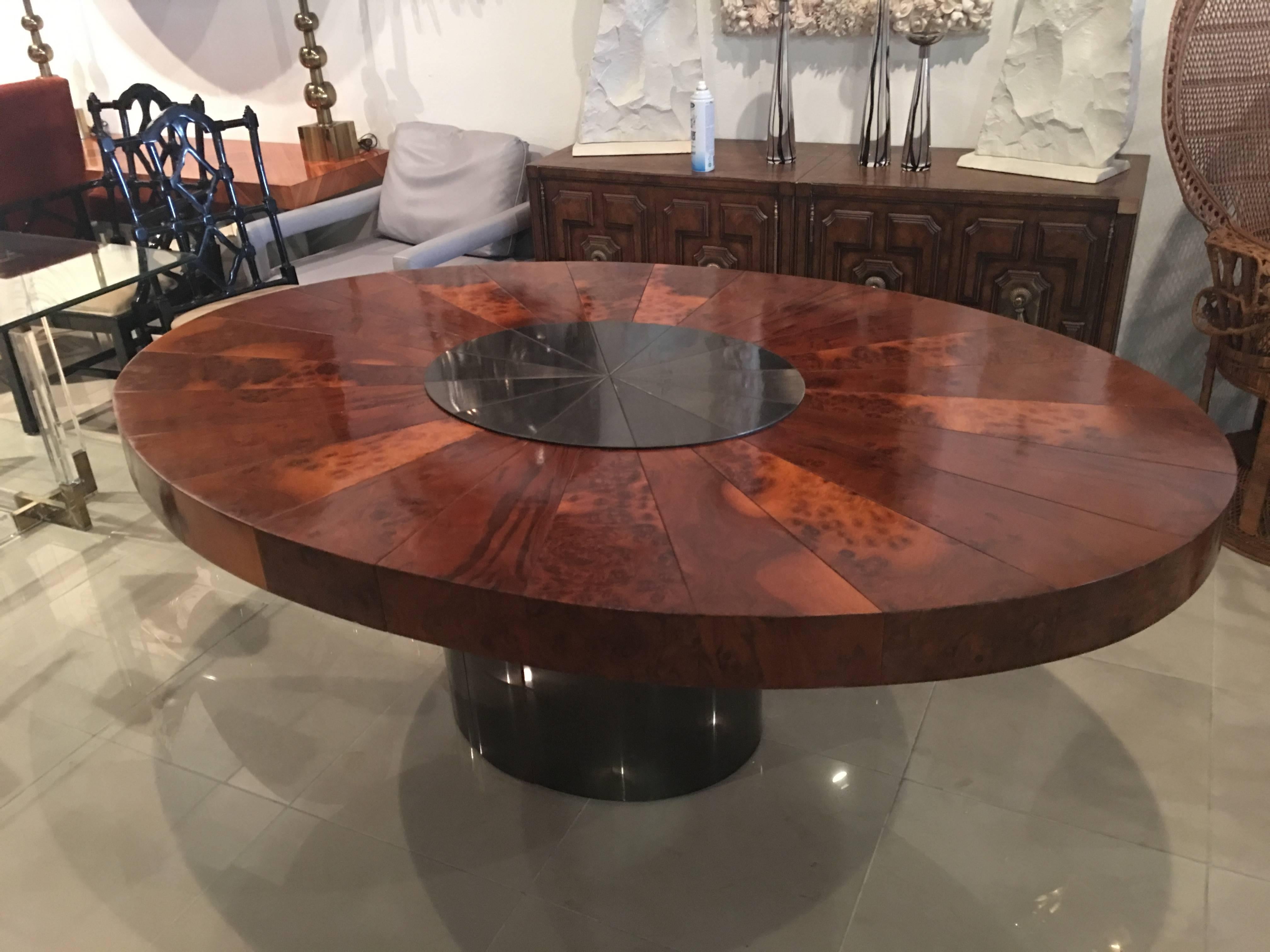 American Paul Evans Burl Wood Cityscape Starburst Dining Table Brushed Steel Chrome